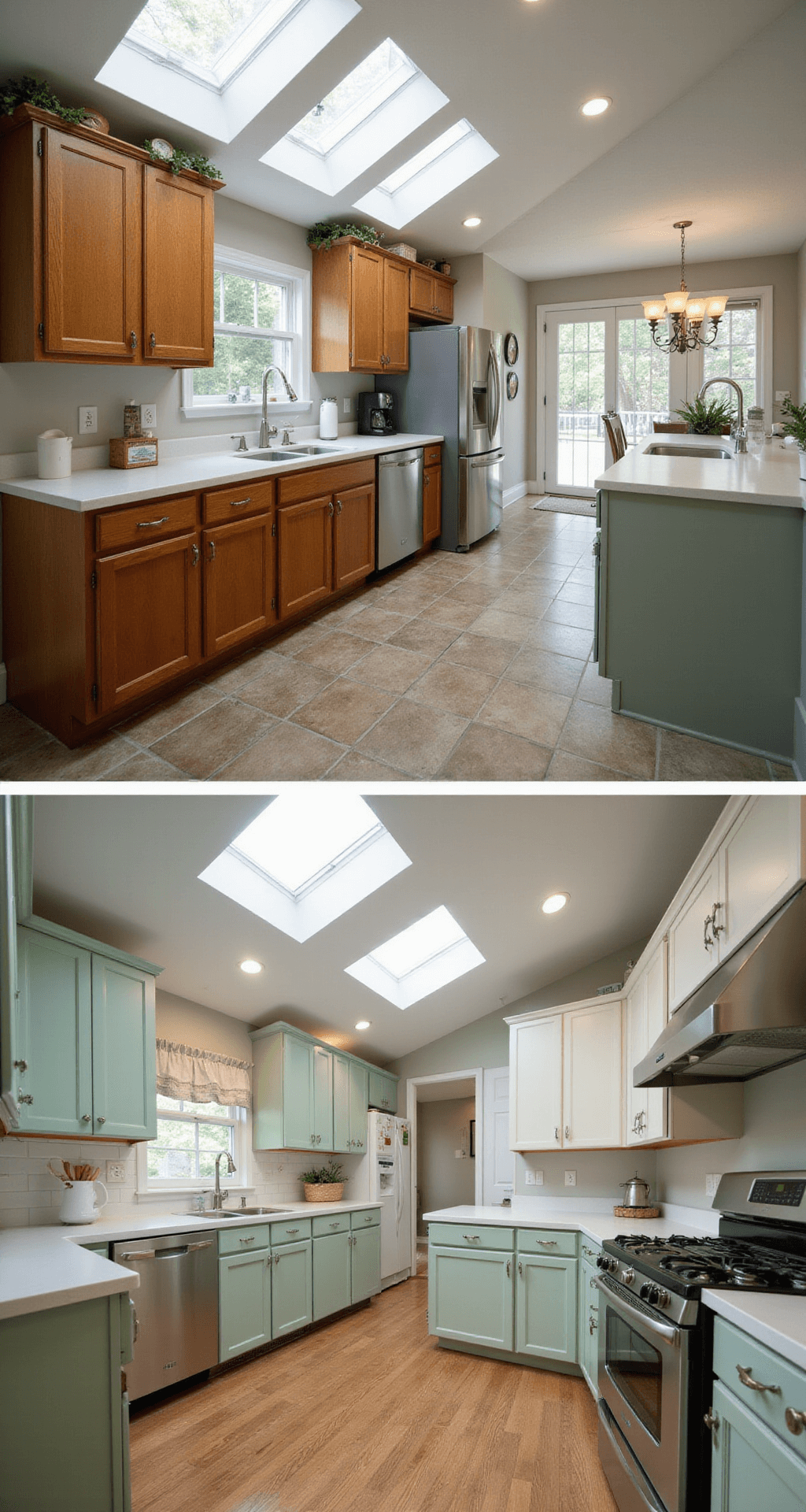 Dramatic before/after split scene of a kitchen transformation: left side features dated oak cabinets, while the right showcases modern sage green cabinets illuminated by morning light from skylights, with stainless appliances and styled countertops featuring white ceramics and fresh herbs.
