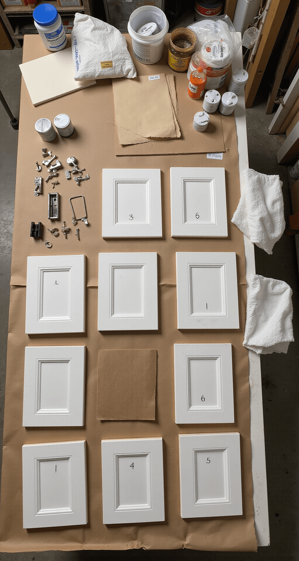 Overhead view of a well-organized workshop prep station featuring a 6ft workbench covered in kraft paper, displaying neatly arranged cabinet hardware, labeled bags, and cleaning supplies like degreaser and sandpaper, with removed cabinet doors numbered and positioned in a grid pattern, all illuminated by technical overhead lighting.