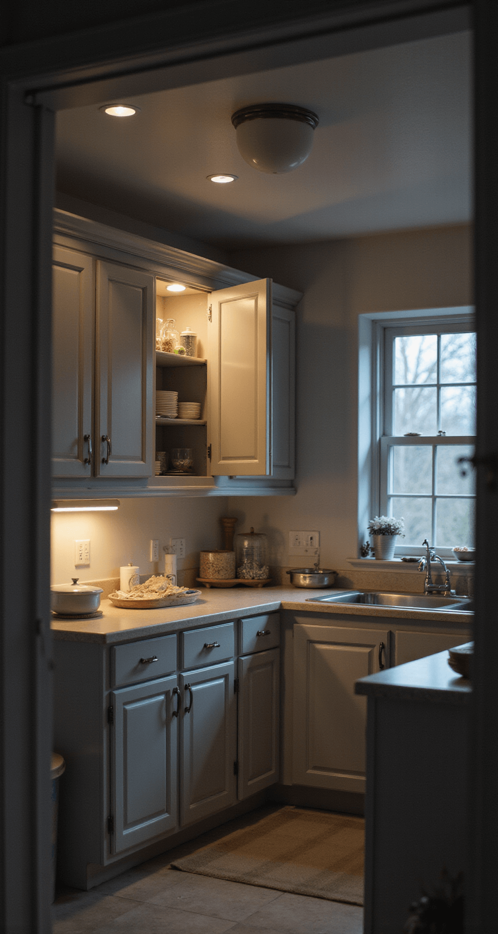 Atmospheric evening kitchen scene featuring freshly painted gray cabinets with warm under-cabinet lighting, doors slightly ajar to showcase organized interiors, and a soft focus background of kitchen essentials, all highlighting the pristine paint finish.