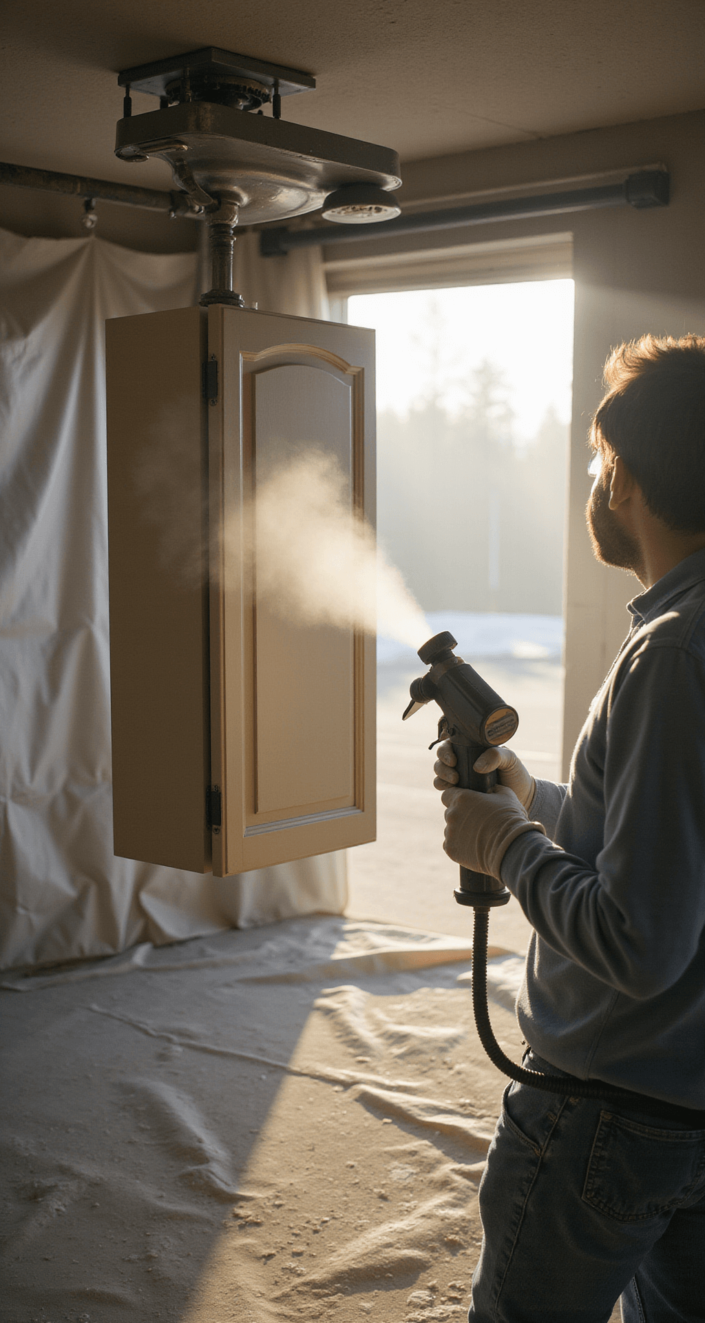 A spray technician in protective gear demonstrates painting technique in a controlled garage workspace, with morning light filtering through plastic sheeting, highlighting a cabinet's uniform Behr Wheat Bread paint coverage and fine mist in sunbeams.