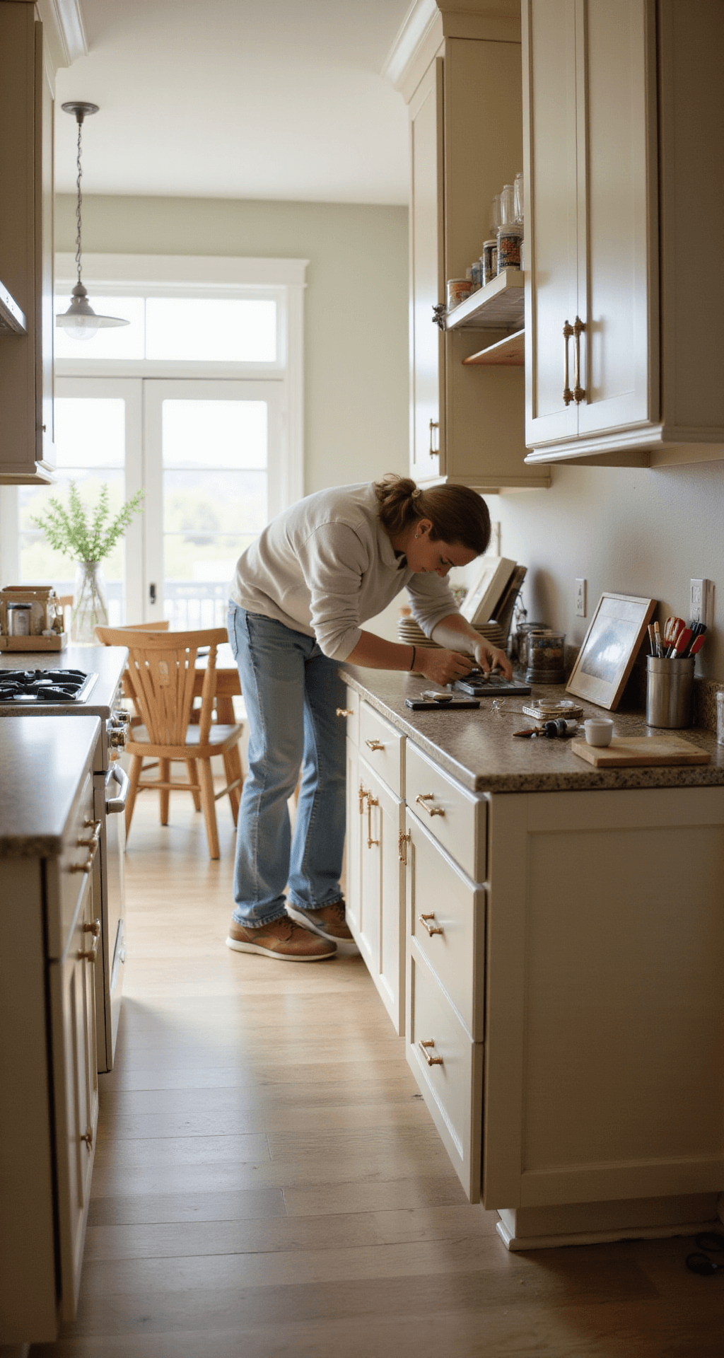 Close-up of hands installing modern brass pulls on newly painted cream cabinets, with organized hardware and tools nearby, illuminated by natural light and supplemental soft box lighting, soft kitchen background blur.