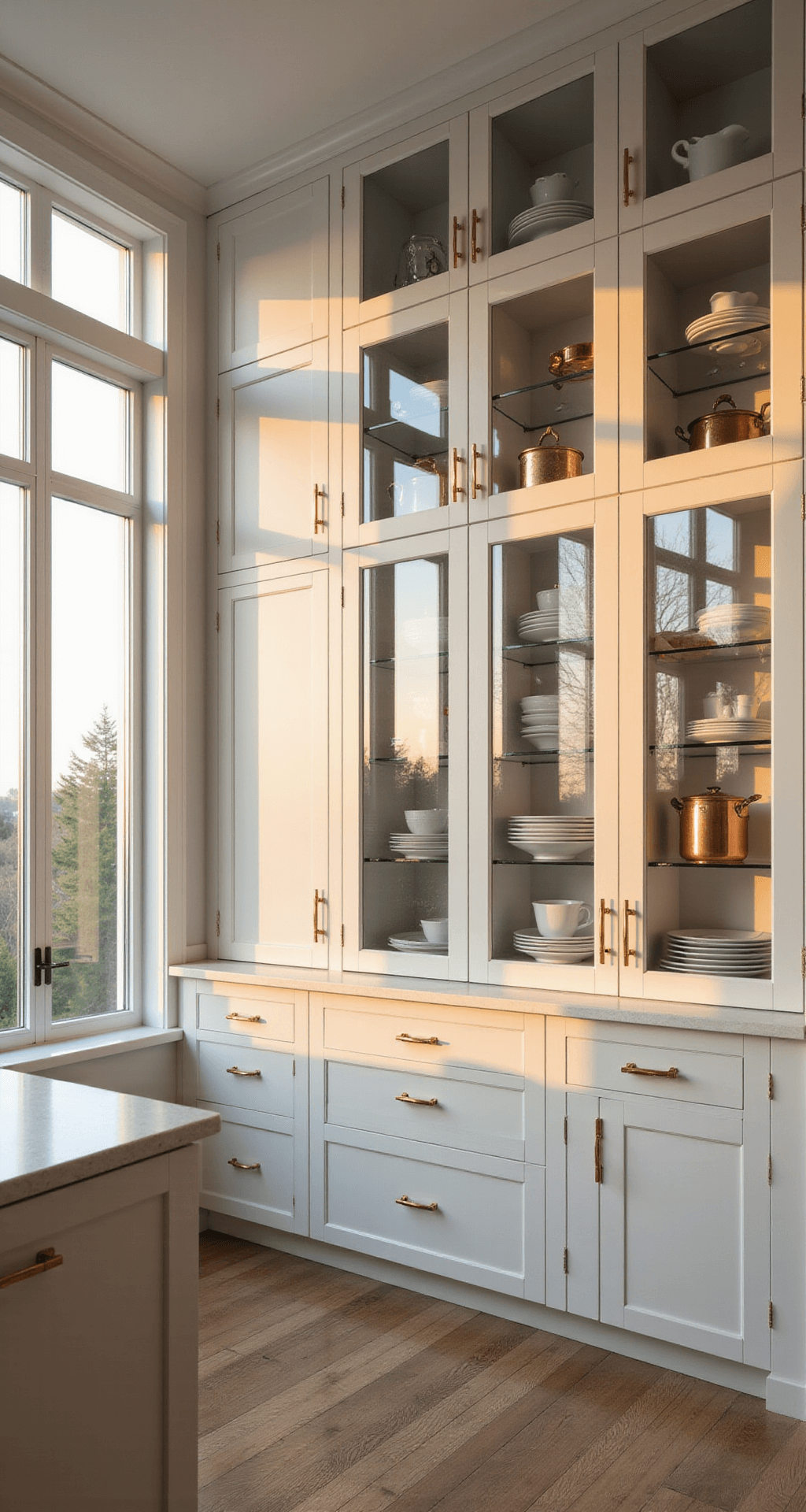 Modern kitchen with floor-to-ceiling glass cabinets illuminated by golden hour light, showcasing white shaker-style frames, minimalist white quartz countertops, and a curated display of matte white ceramics and copper cookware, accented by brushed brass hardware and oak flooring, captured from a corner angle for a sophisticated and elegant mood.