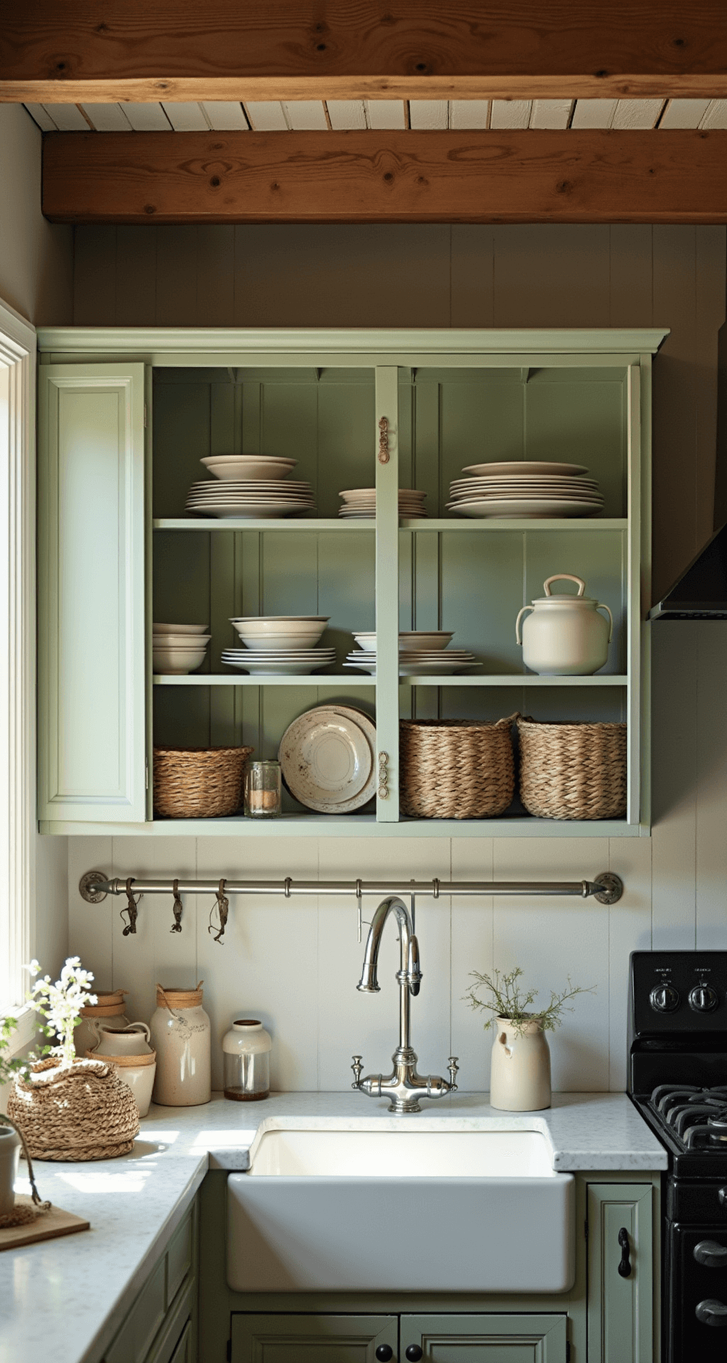 Intimate farmhouse kitchen featuring vintage seeded glass cabinets and distressed white open shelving, illuminated by mid-morning light streaming through a window above the sink.