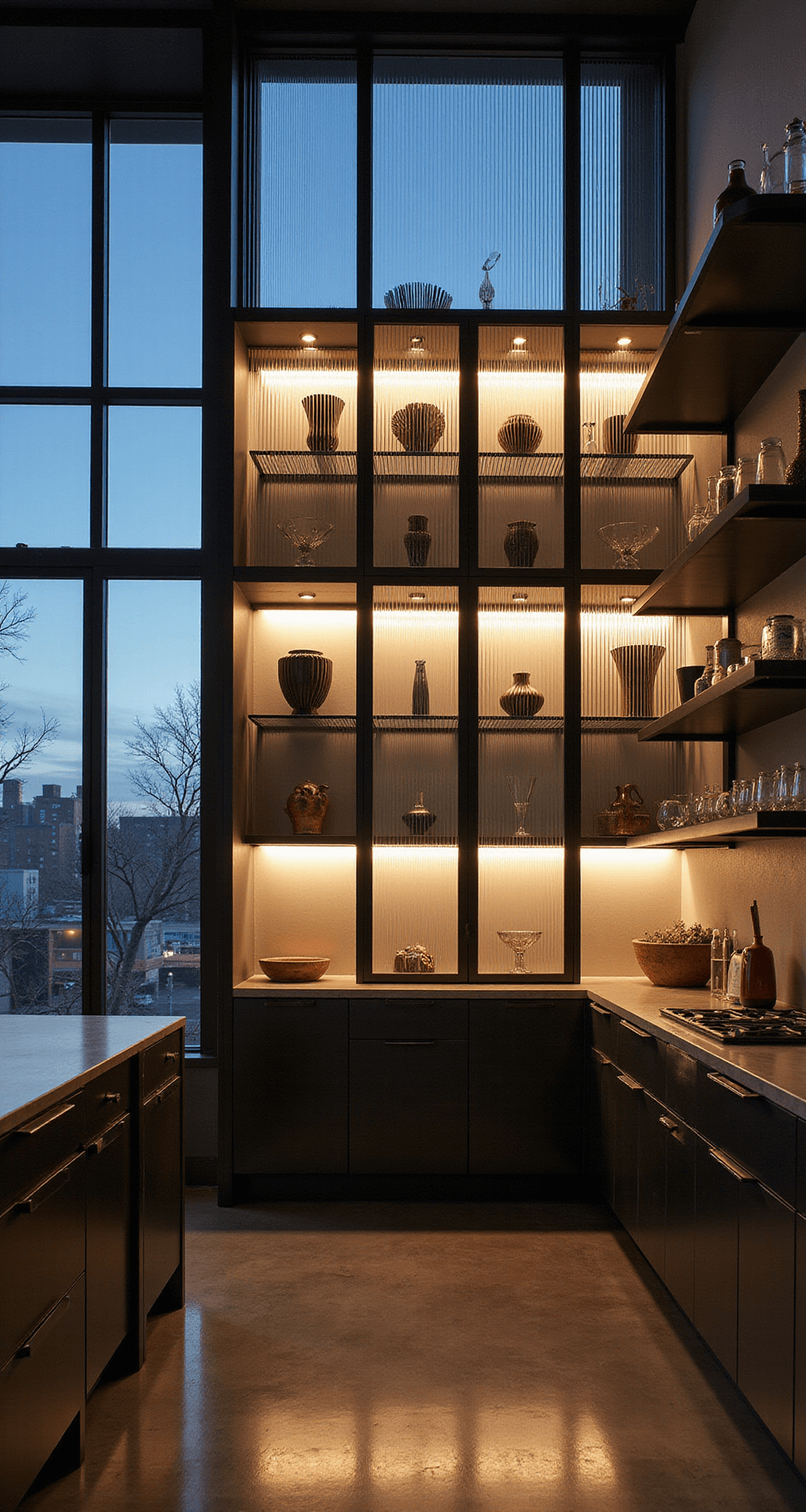 Contemporary loft kitchen featuring reeded glass cabinet wall and industrial windows, showcasing illuminated sculptural vessels and modern barware against polished concrete floors, with low-angle view emphasizing height and urban sophistication.