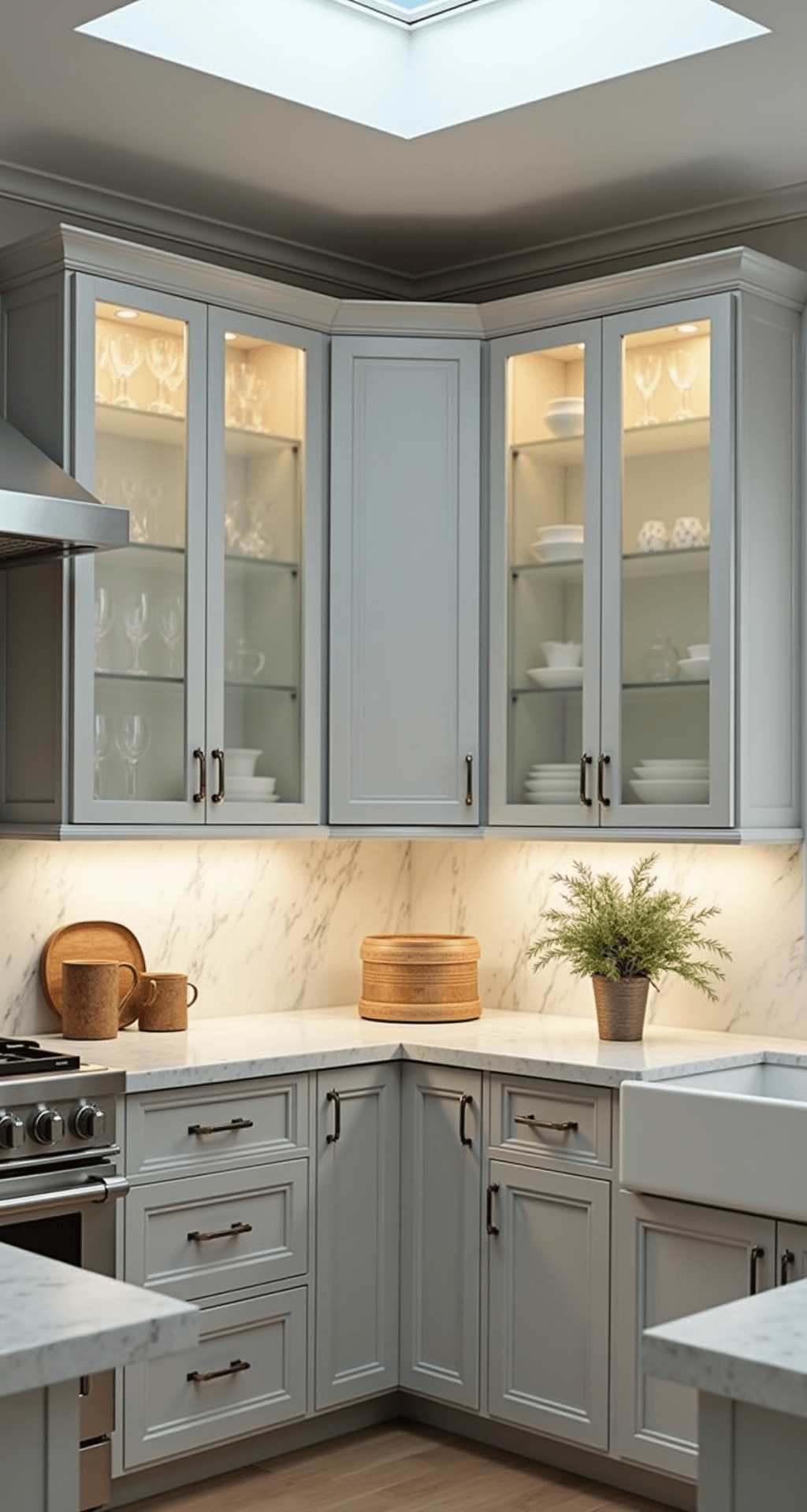 Transitional kitchen with frosted glass corner cabinets, dove gray frames, and marble backsplash, illuminated by morning light through a skylight, showcasing organized stemware and porcelain.