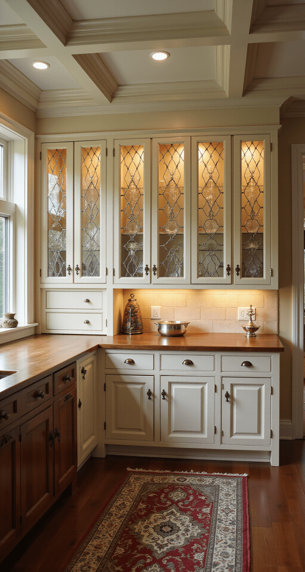Alt text: A traditional kitchen featuring leaded glass cabinet doors with vintage china and crystal displays, under an 11-foot coffered ceiling. The space is illuminated by dramatic side lighting and picture lights, showcasing walnut countertops and antique bronze hardware, with a Persian runner on hardwood floors, all conveying a mood of timeless elegance.
