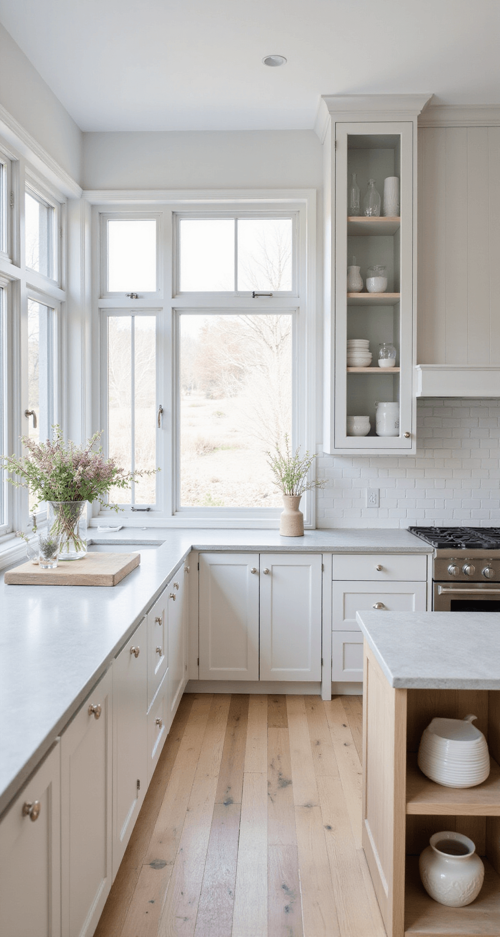A serene Scandinavian-inspired kitchen featuring ribbed glass upper cabinets, pale ash accents, and an organized collection of white and clear glass vessels. The space includes concrete counters, blonde wood open shelving, and large windows allowing clean northern light to illuminate the room.