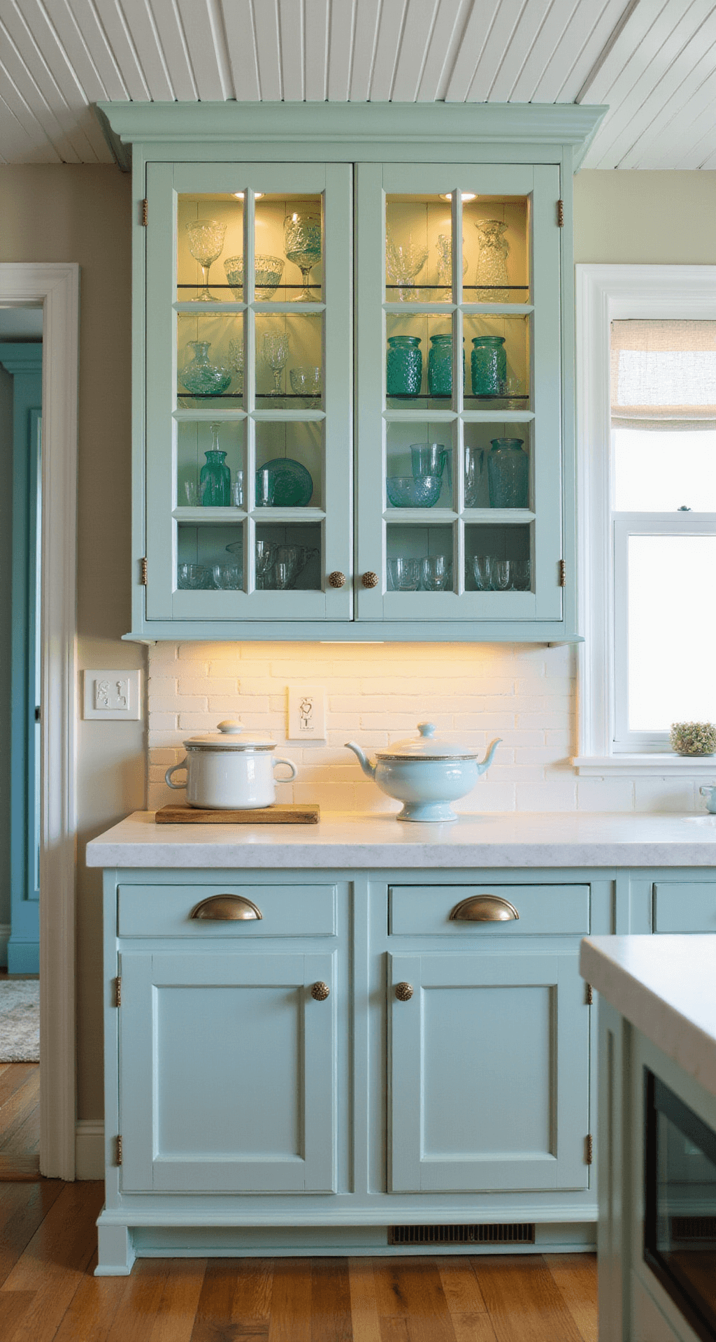 Coastal kitchen with seascape-inspired glass cabinets and warm sunset lighting, featuring aqua-painted frames and wave-textured glass. The room includes blue-green glassware, white ceramics, bleached oak floors, and rope detail hardware, captured from the entrance with natural light enhancing the serene beach house atmosphere.