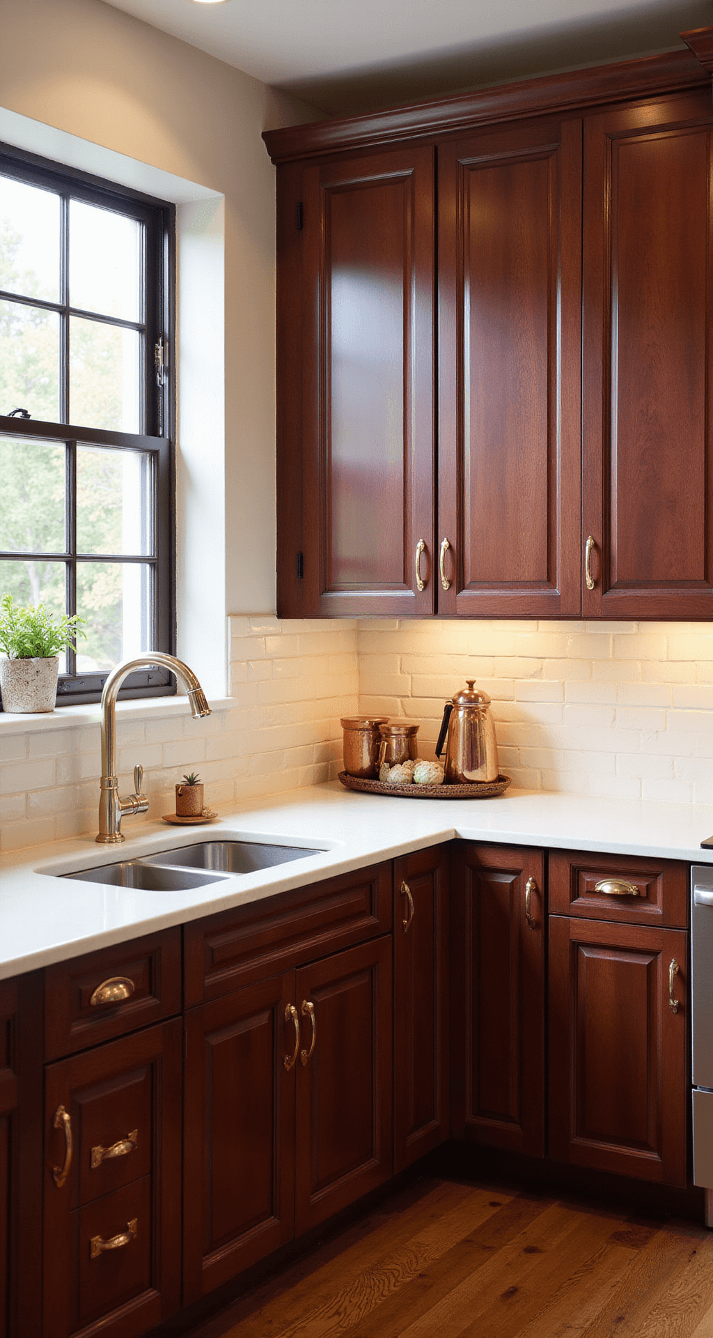 A spacious kitchen featuring cherry wood cabinets, white quartz countertops, and a handcrafted subway tile backsplash, illuminated by warm morning light streaming through large east-facing windows, with a coffee station vignette in copper against the rich cabinetry.