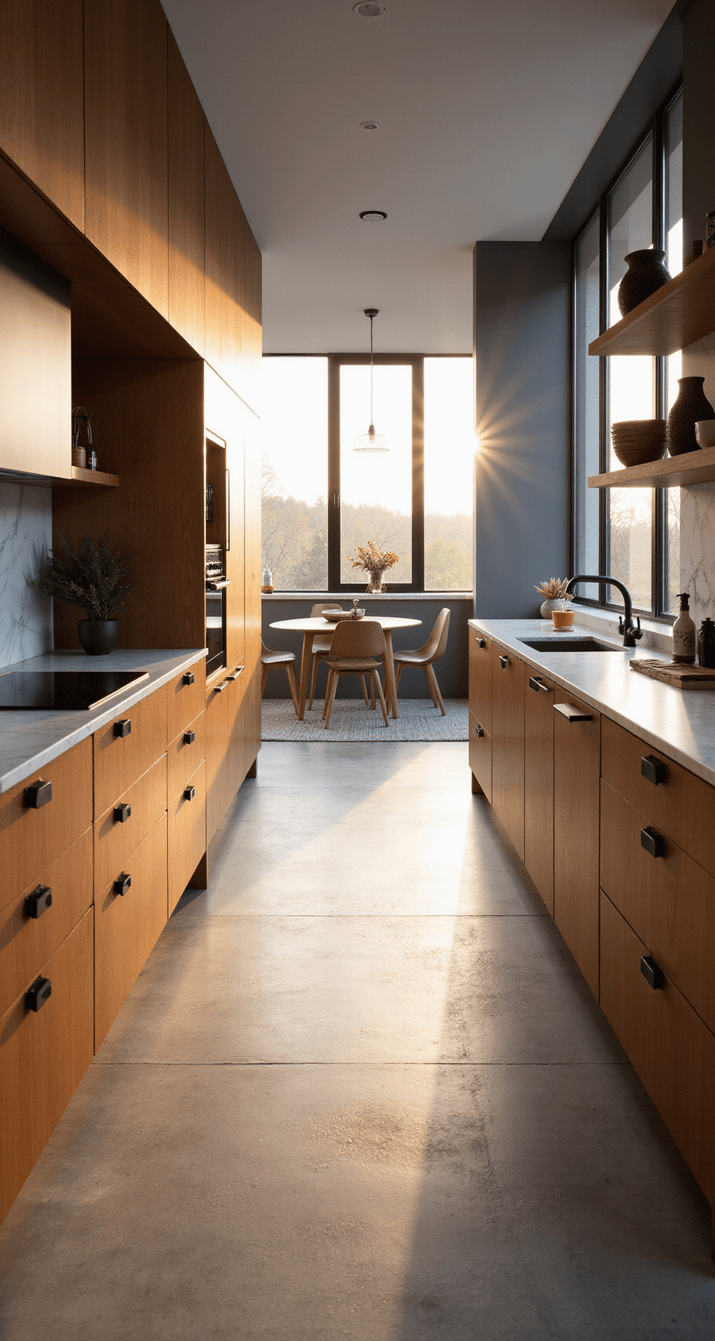 Modern minimalist kitchen with cherry cabinets, concrete-look floors, and black fixtures, featuring a galley layout illuminated by golden hour light through floor-to-ceiling windows.