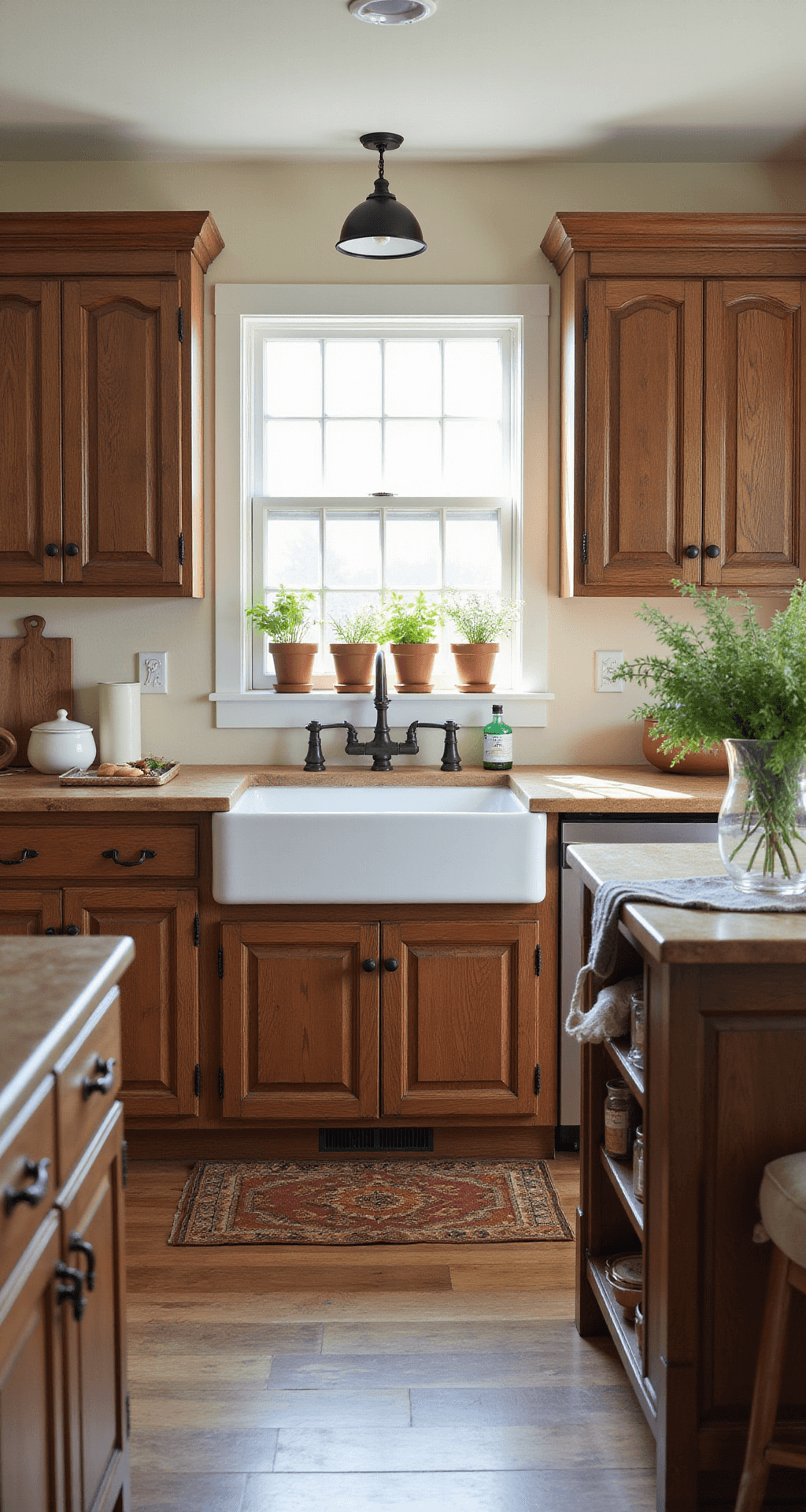 A rustic farmhouse kitchen featuring distressed cherry wood cabinets with shaker-style doors and oil-rubbed bronze pulls, a white farmhouse sink under a window with herb pots, and an island with mixed storage, complemented by soft lighting and warm butcher block counters.