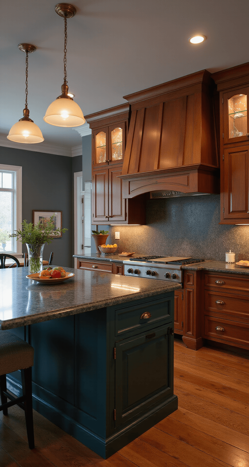 Transitional kitchen at dusk featuring cherry cabinets and a deep forest green island, with dramatic pendant lights illuminating quartzite countertops and glass-front upper cabinets showcasing dishware, all captured from the dining area to emphasize sight lines and flow, accented by warm brass fixtures against cool gray walls.