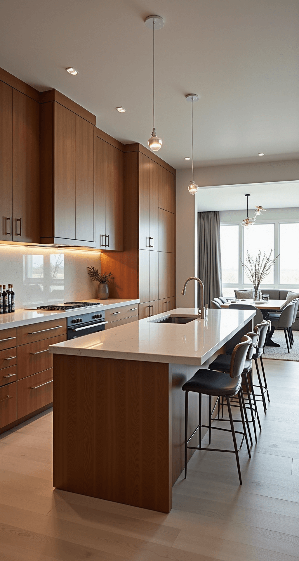 Contemporary open-concept kitchen featuring floor-to-ceiling cherry cabinets, a waterfall quartz island with dining integration, and ambient LED lighting, highlighting a neutral palette and geometric brushed nickel hardware.