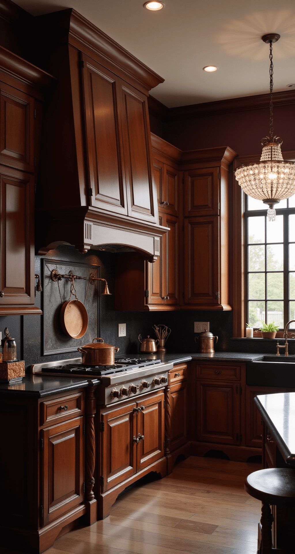 Moody kitchen scene with cherry cabinets, brass hardware, and a crystal chandelier, featuring black soapstone counters and burgundy walls, highlighting symmetrical range wall with accent lighting and copper cookware.