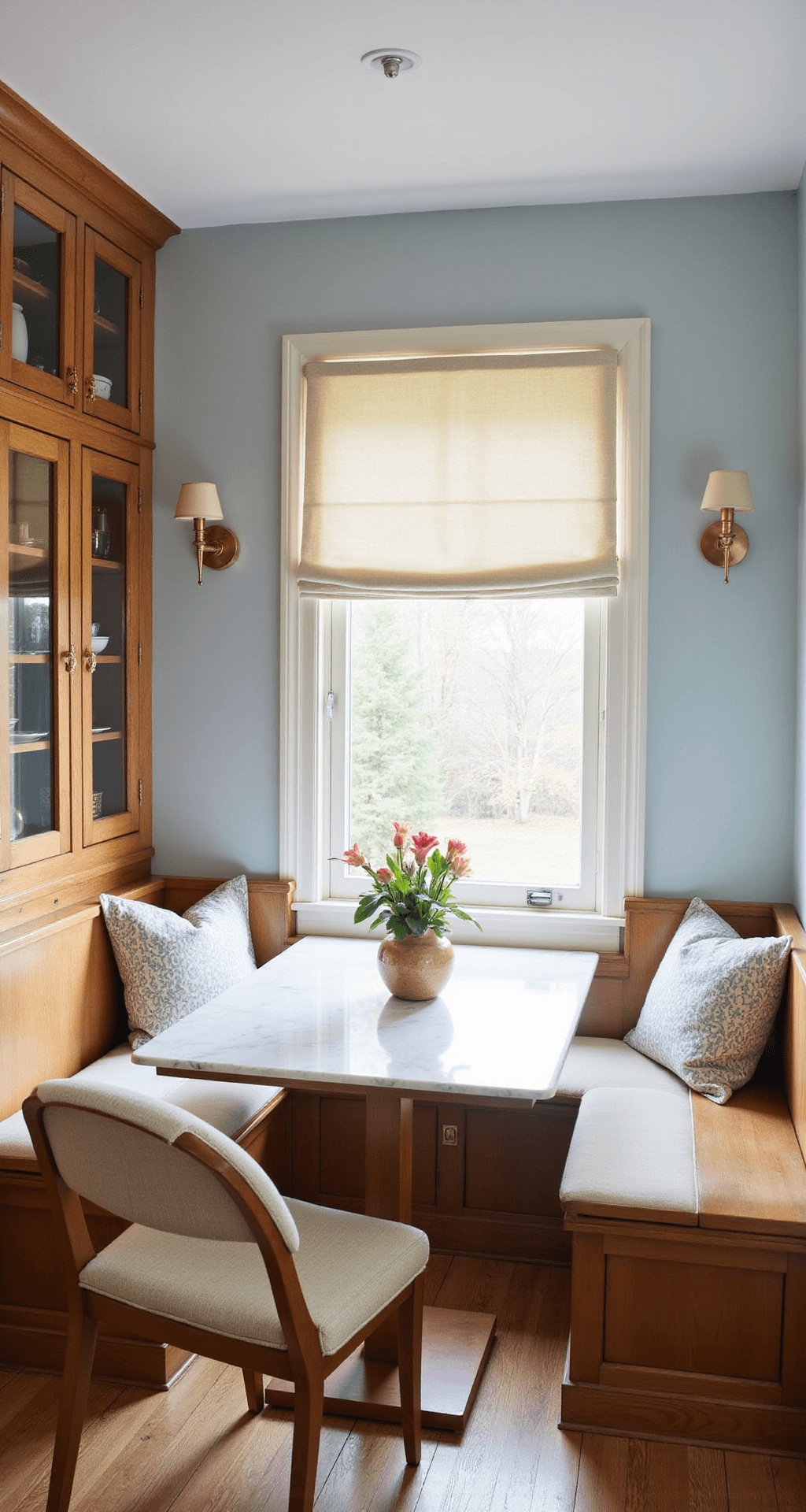 Sun-drenched breakfast nook with cherry wood built-ins, glass-front cabinets, and a window seat, featuring a white marble table, linen Roman shade, pale blue walls, cream upholstery, fresh flowers, and vintage sconces.