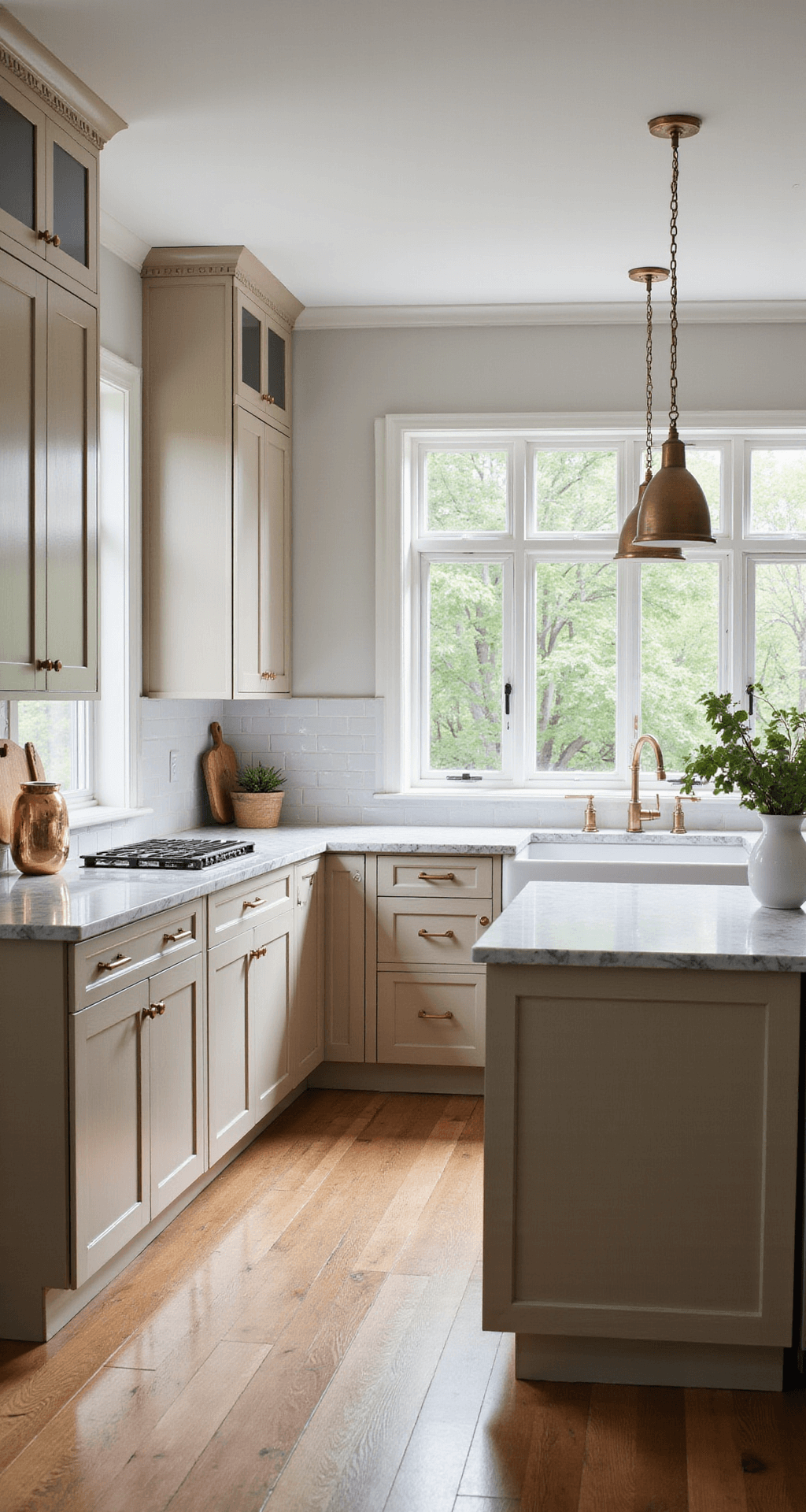 A spacious transitional kitchen featuring beige shaker cabinets, Calacatta marble countertops, and a center island with pendant lights, all illuminated by morning light streaming through large windows.
