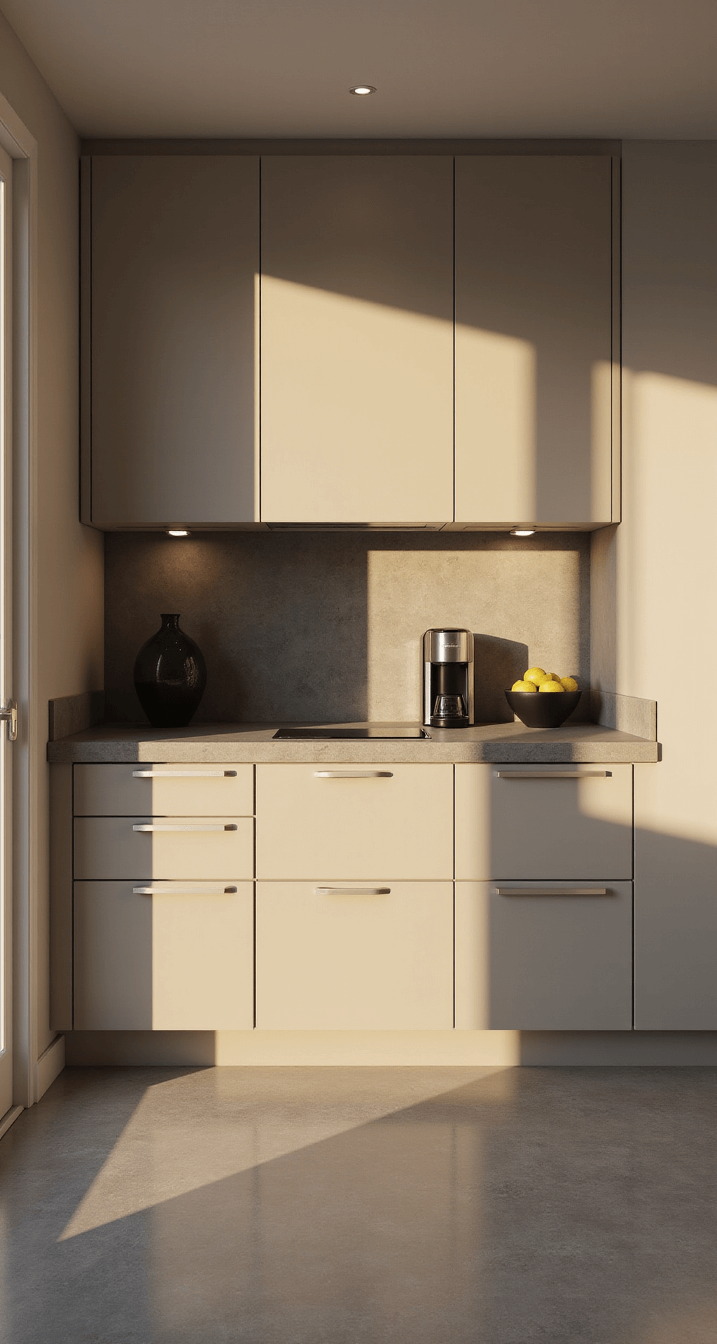 Modern minimalist kitchen featuring flat-front beige cabinets, concrete-look quartz countertops, and integrated stainless appliances, captured in warm golden hour light with dramatic shadows.
