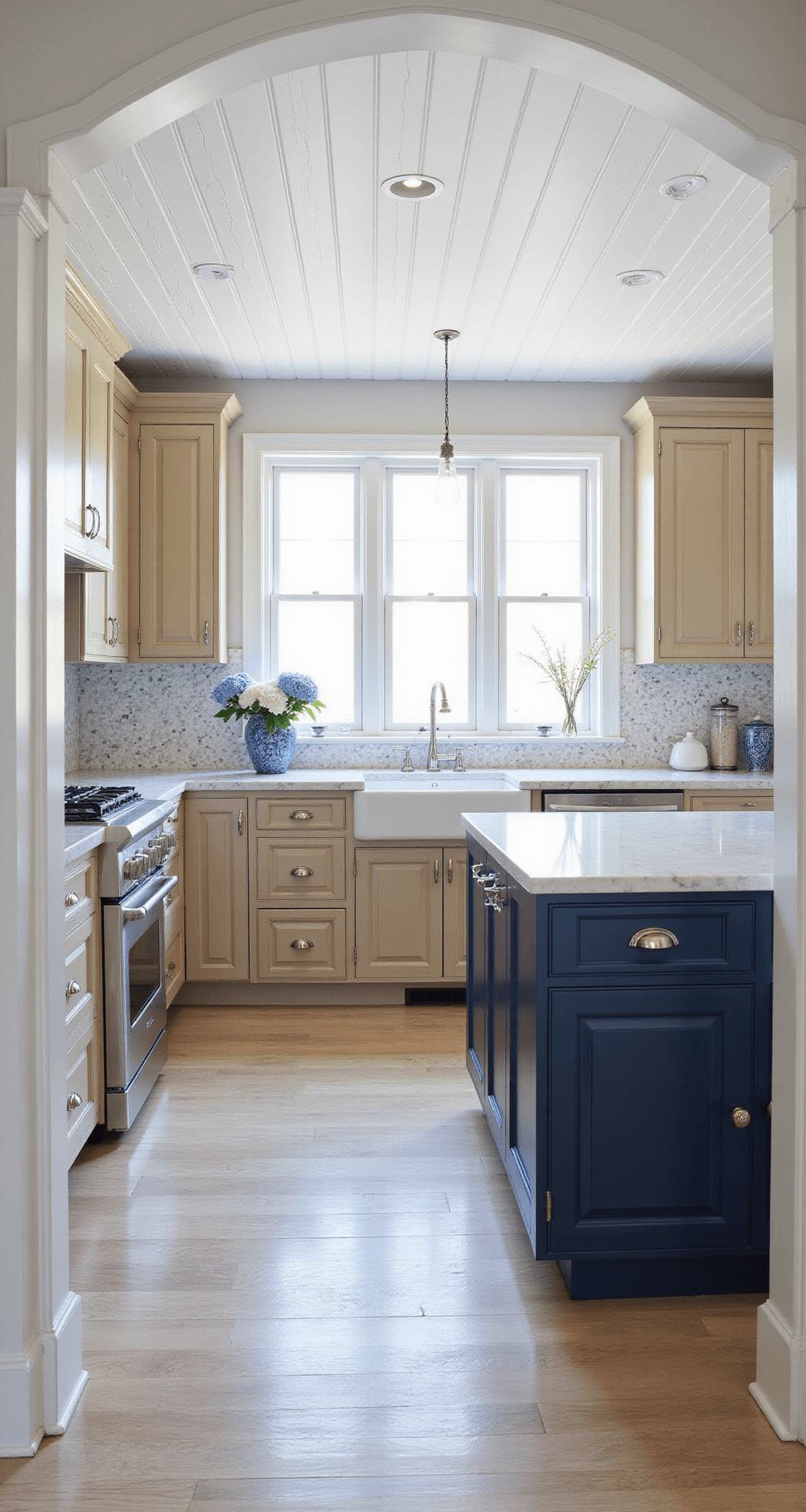 Coastal-inspired kitchen featuring beige raised-panel cabinets, a navy blue island with a marble top, white beadboard ceiling, and white shell mosaic backsplash, illuminated by natural light and recessed lighting, styled with blue-and-white ceramics and fresh hydrangeas.