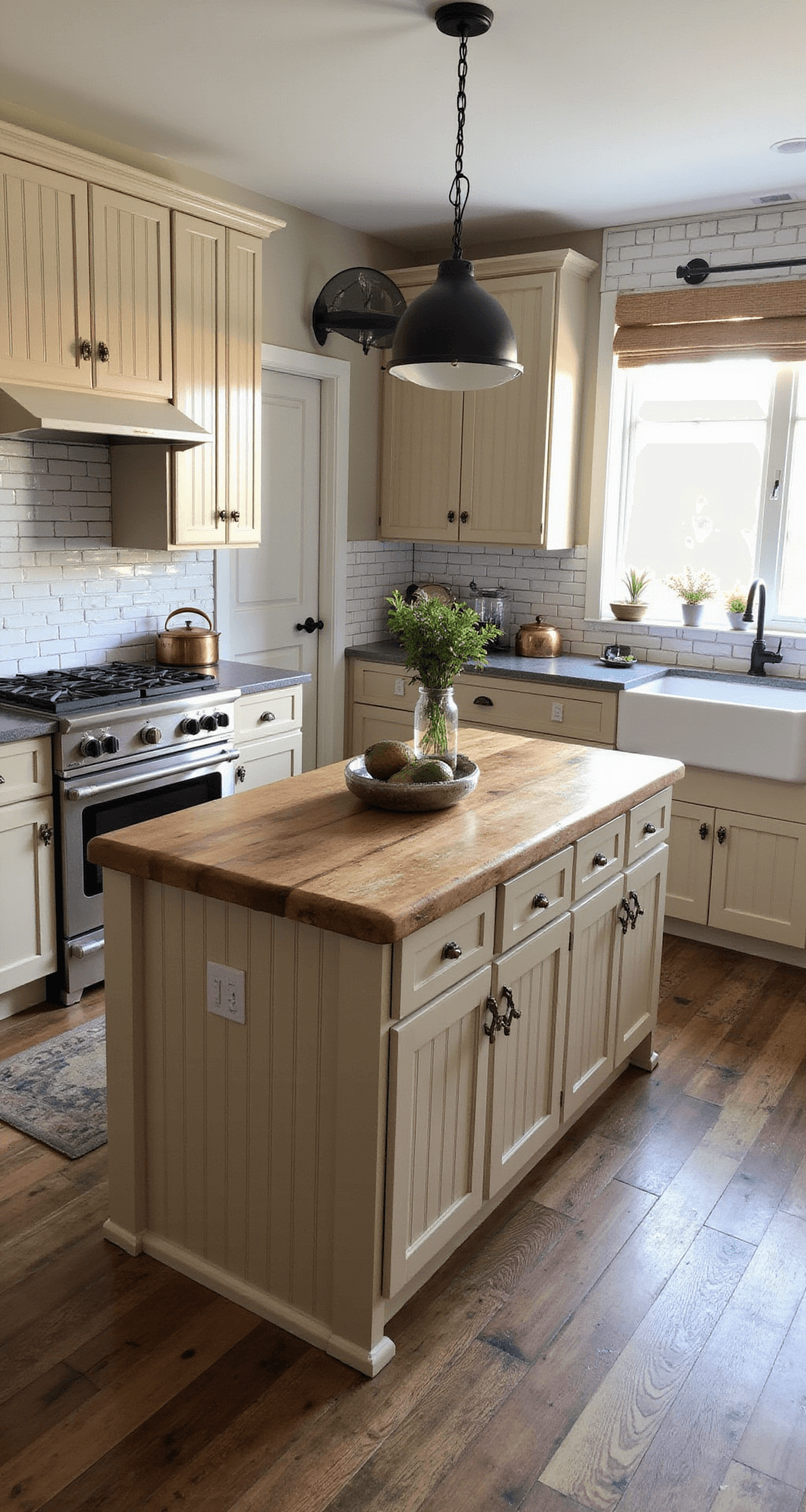 A cozy farmhouse kitchen at sunrise, featuring beige beadboard cabinets with antique brass bin pulls, a butcher block island, soapstone counters, and a white brick backsplash. Black iron pendant lights hang over the island, illuminating wide-plank reclaimed wood flooring. The scene includes copper pots, vintage scales, and potted herbs, all bathed in warm morning light.