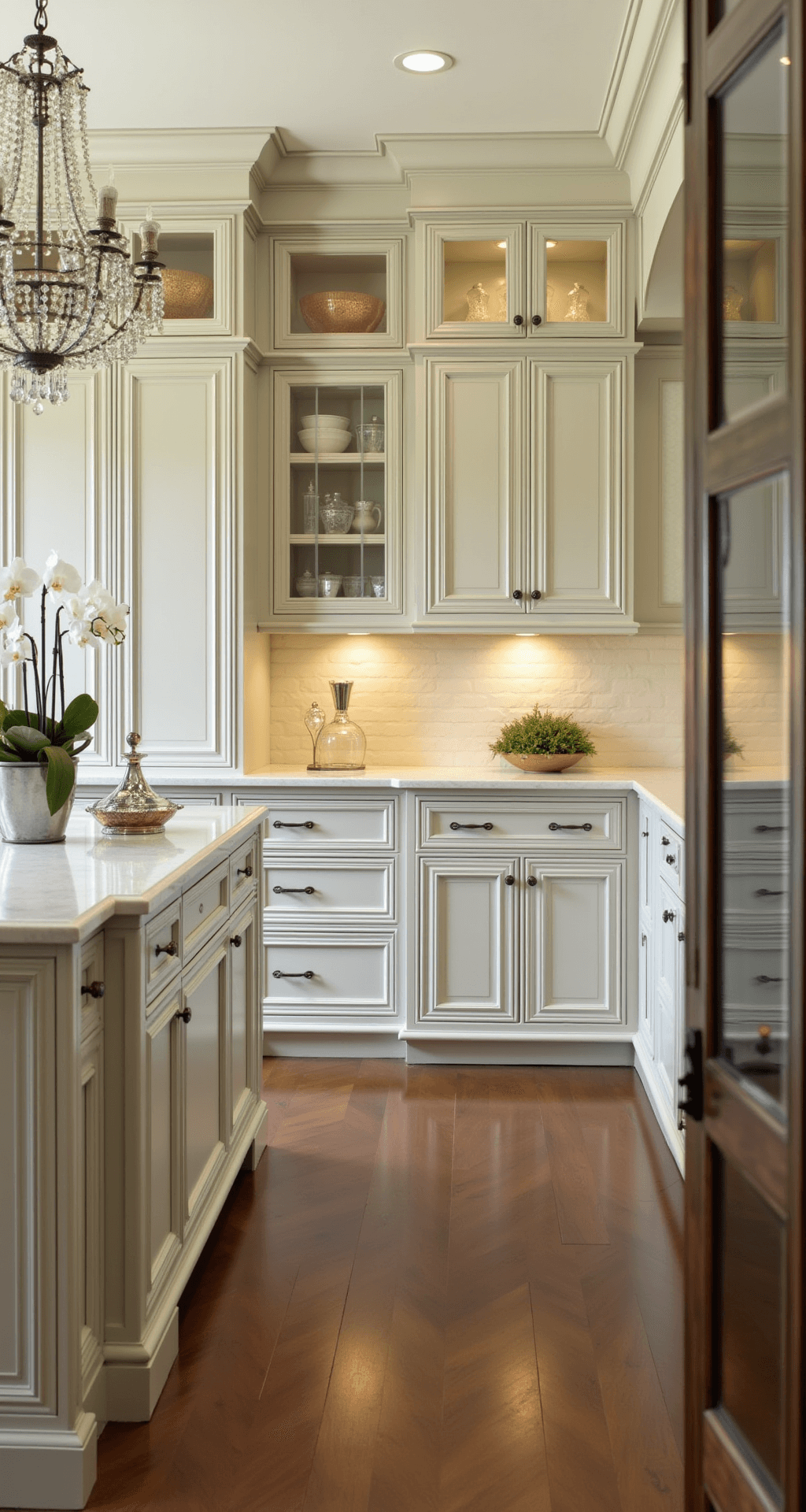 A traditional elegant kitchen with beige inset cabinets, Calacatta Gold marble countertops, and herringbone wood floors, illuminated by afternoon light and featuring a polished nickel chandelier over the island, styled with a silver tea service, crystal decanters, and white orchids.