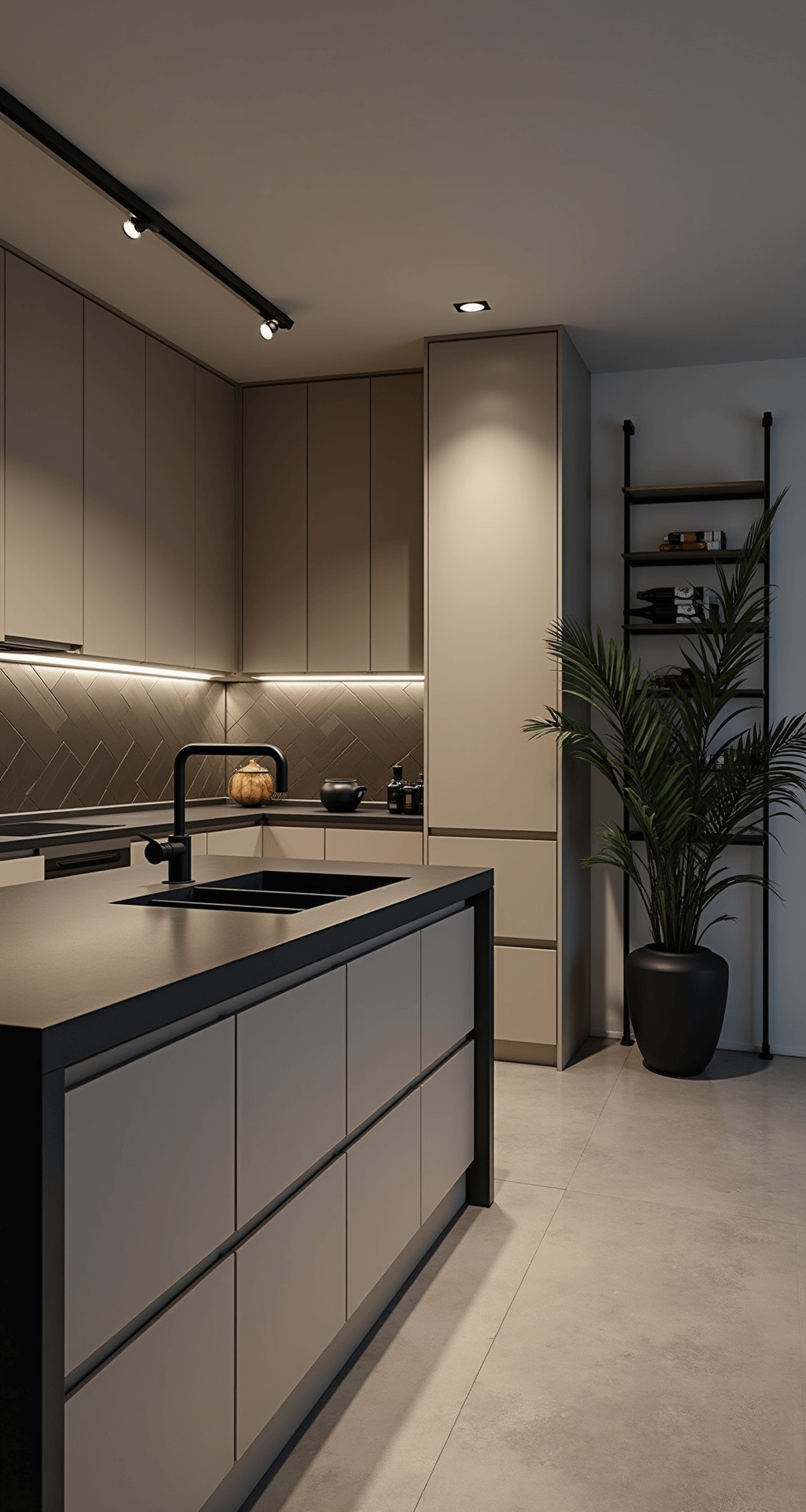 Contemporary kitchen at dusk featuring beige slab-front cabinets, a dark gray quartz waterfall island, and a metallic glass tile backsplash. The space has porcelain tile floors and ambient LED lighting, styled with black ceramics and a minimalist wine rack, emphasizing horizontal lines and a moody atmosphere.