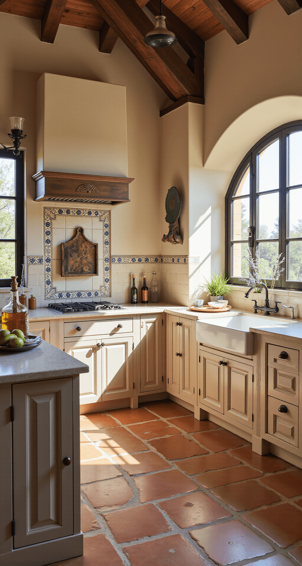 A Mediterranean-inspired kitchen featuring beige cabinets with carved details, aged copper hardware, terracotta tile floors, a cream and blue ceramic tile backsplash, and wood beam ceiling. Natural light filters through an arched window above the sink, complemented by iron pendant lighting. Decorative elements include olive oil vessels, ceramic platters, and potted lavender, all captured from a corner perspective to showcase the architectural details.