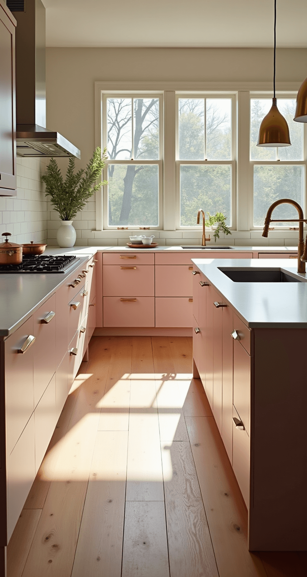 A sunlit modern kitchen featuring blush pink floor-to-ceiling cabinets, white quartz countertops, and brass hardware, with a center island, pendant lights, and white oak flooring, styled with copper cookware and eucalyptus.
