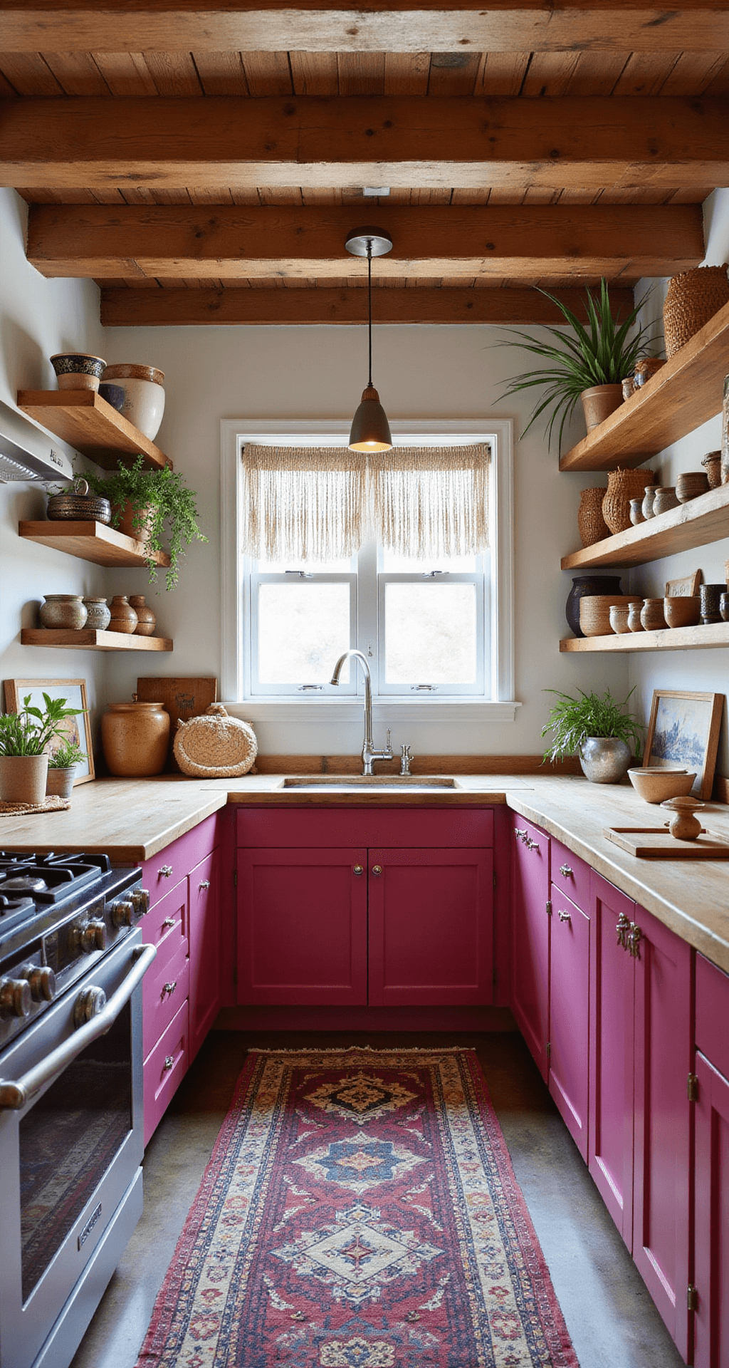 A cozy 12x15ft Bohemian kitchen featuring bold magenta lower cabinets, open upper shelving with pottery, exposed wooden beams, butcher block countertops, and a vintage Persian runner, illuminated by morning light filtering through macramé window treatments.
