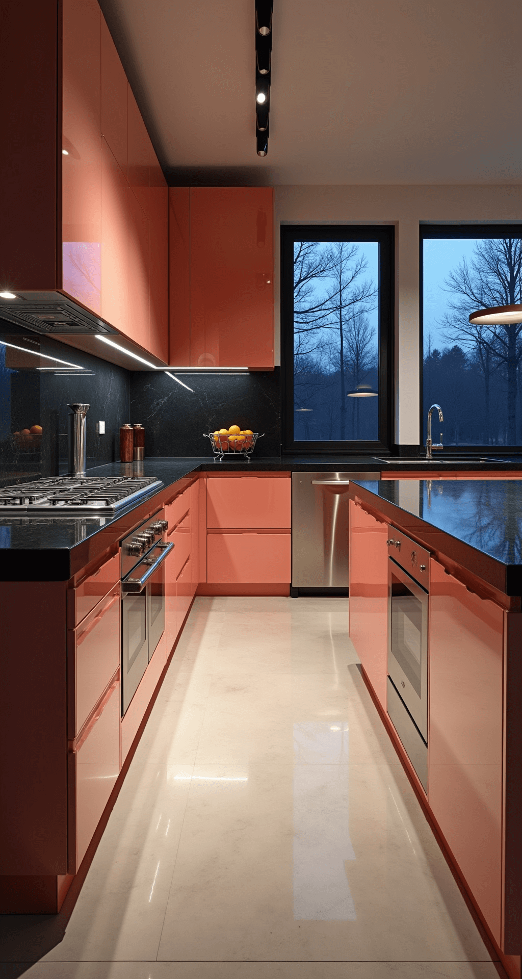 Contemporary open-concept kitchen featuring high-gloss salmon pink cabinets, chrome appliances, and black granite countertops, photographed during blue hour with dramatic track lighting and minimalist styling.