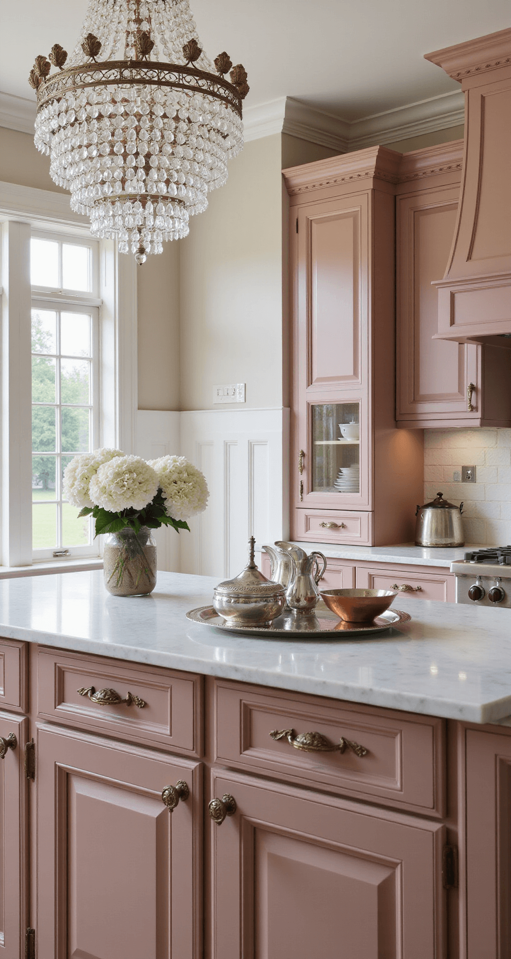 A classic 16x18ft kitchen featuring dusty rose cabinets with raised panels, Carrara marble countertops, and a crystal chandelier, styled with silver tea service, white hydrangeas, and vintage copper cookware, captured in soft morning light.