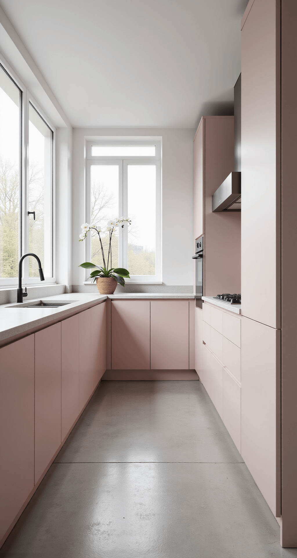 Minimalist kitchen featuring pale pink cabinets, white concrete countertops, and integrated appliances, illuminated by diffused natural light from floor-to-ceiling windows, highlighting geometric lines and minimal decor with a single orchid plant.