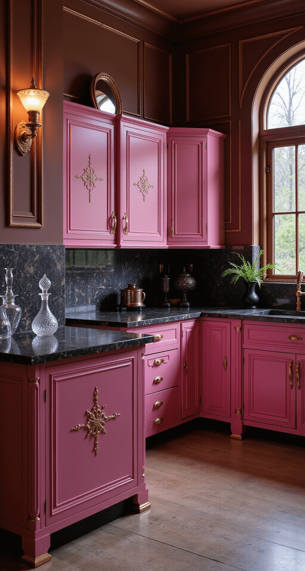 Art Deco kitchen featuring deep rose pink cabinets with geometric patterns, black marble countertops, and gold accents. The corner angle captures curved archways and dramatic sconce lighting, styled with crystal decanters and gilt-edge mirrors at dusk.