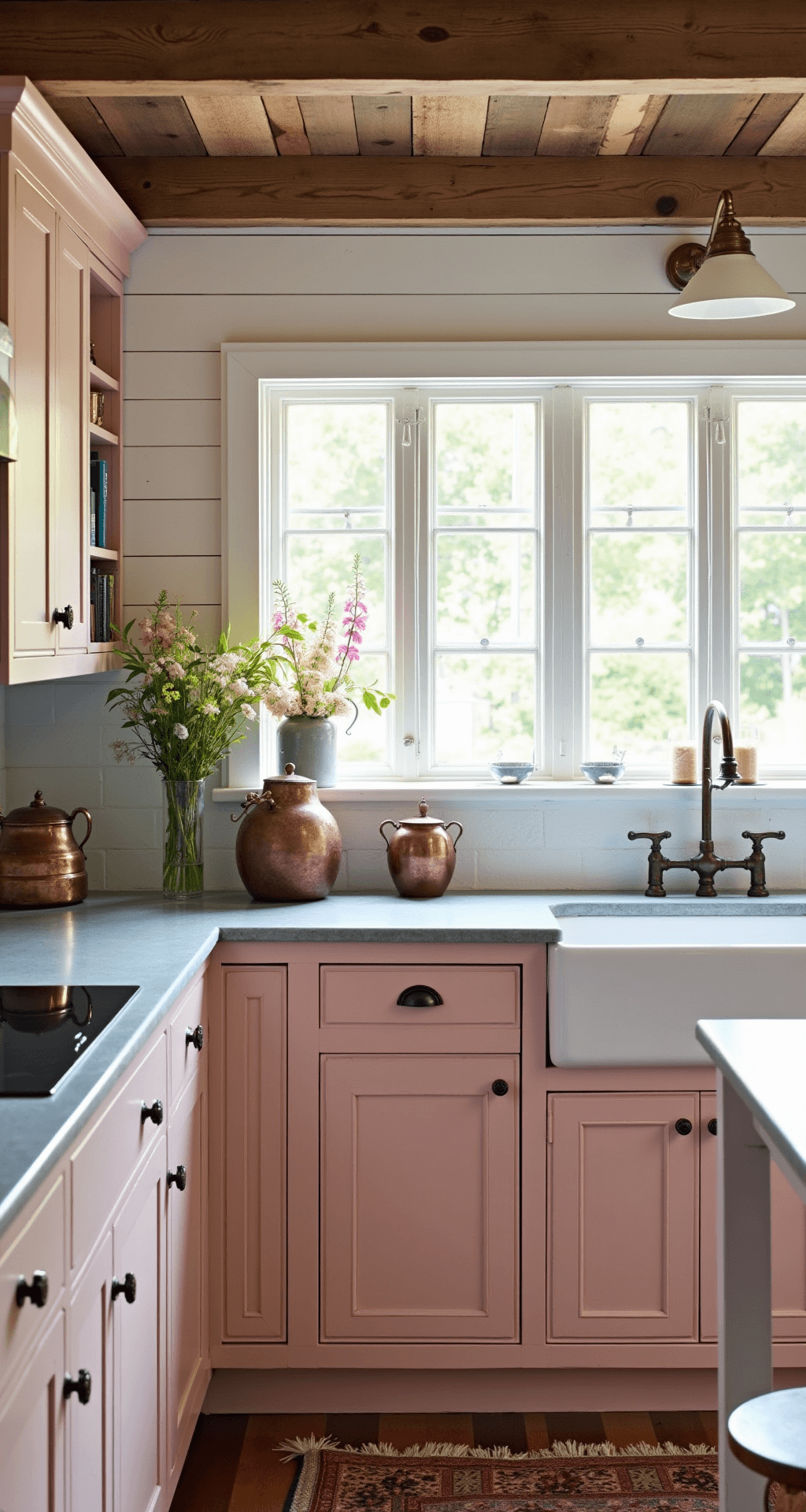 A rustic farmhouse kitchen featuring soft pink beadboard cabinets with vintage glass knobs, soapstone countertops, and a farmhouse sink, illuminated by morning light through mullioned windows, adorned with antique copper pots and fresh flowers.