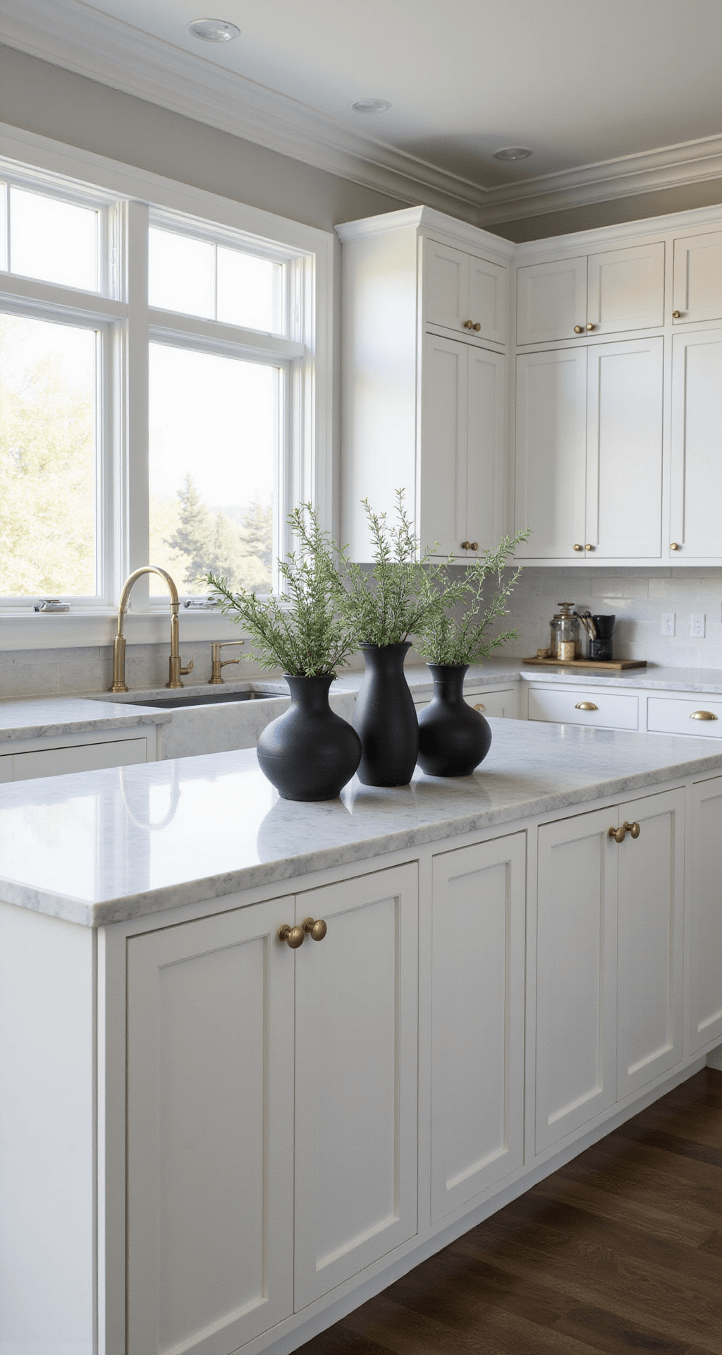 A modern minimalist kitchen featuring white shaker cabinets, marble countertops, a waterfall island with black ceramic vessels, and floor-to-ceiling windows, all illuminated by morning light.