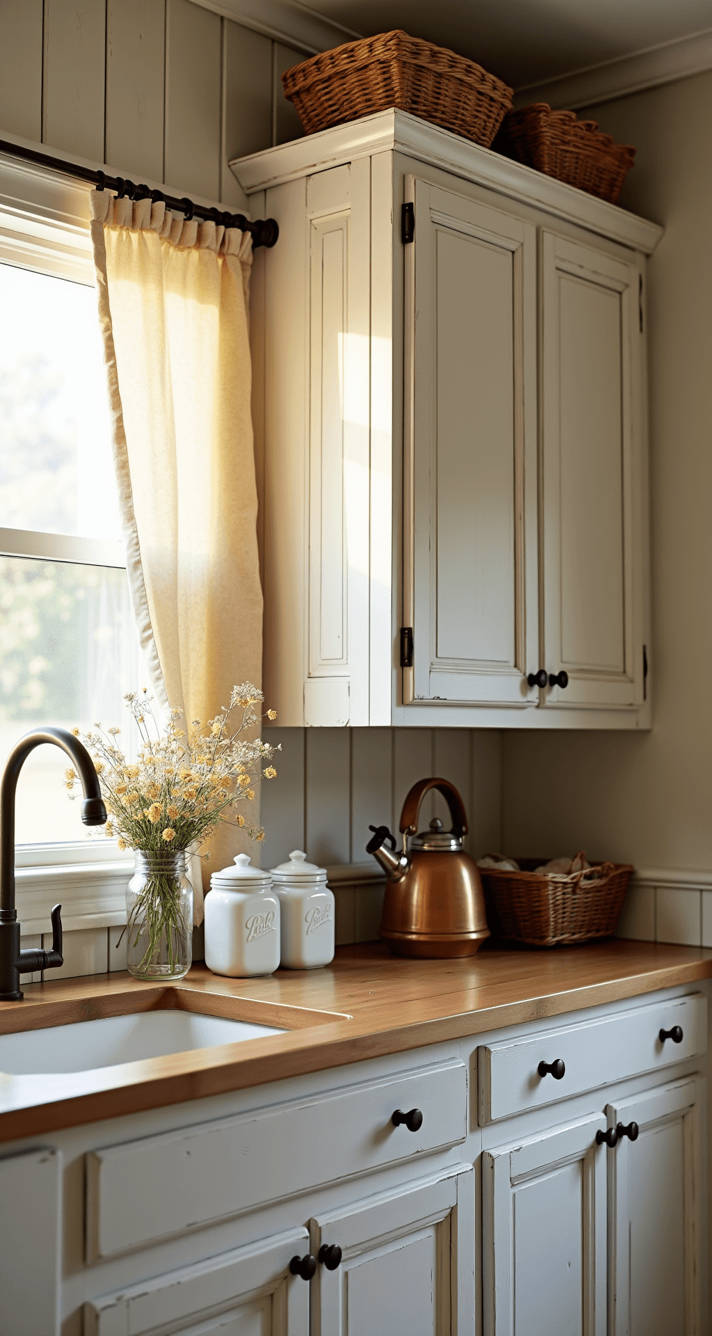 A cozy farmhouse kitchen featuring 14x18ft distressed white cabinets with beadboard details, vintage copper kettle, white ceramic canisters, butcher block counters, and wildflower-filled mason jars, illuminated by warm golden hour light.