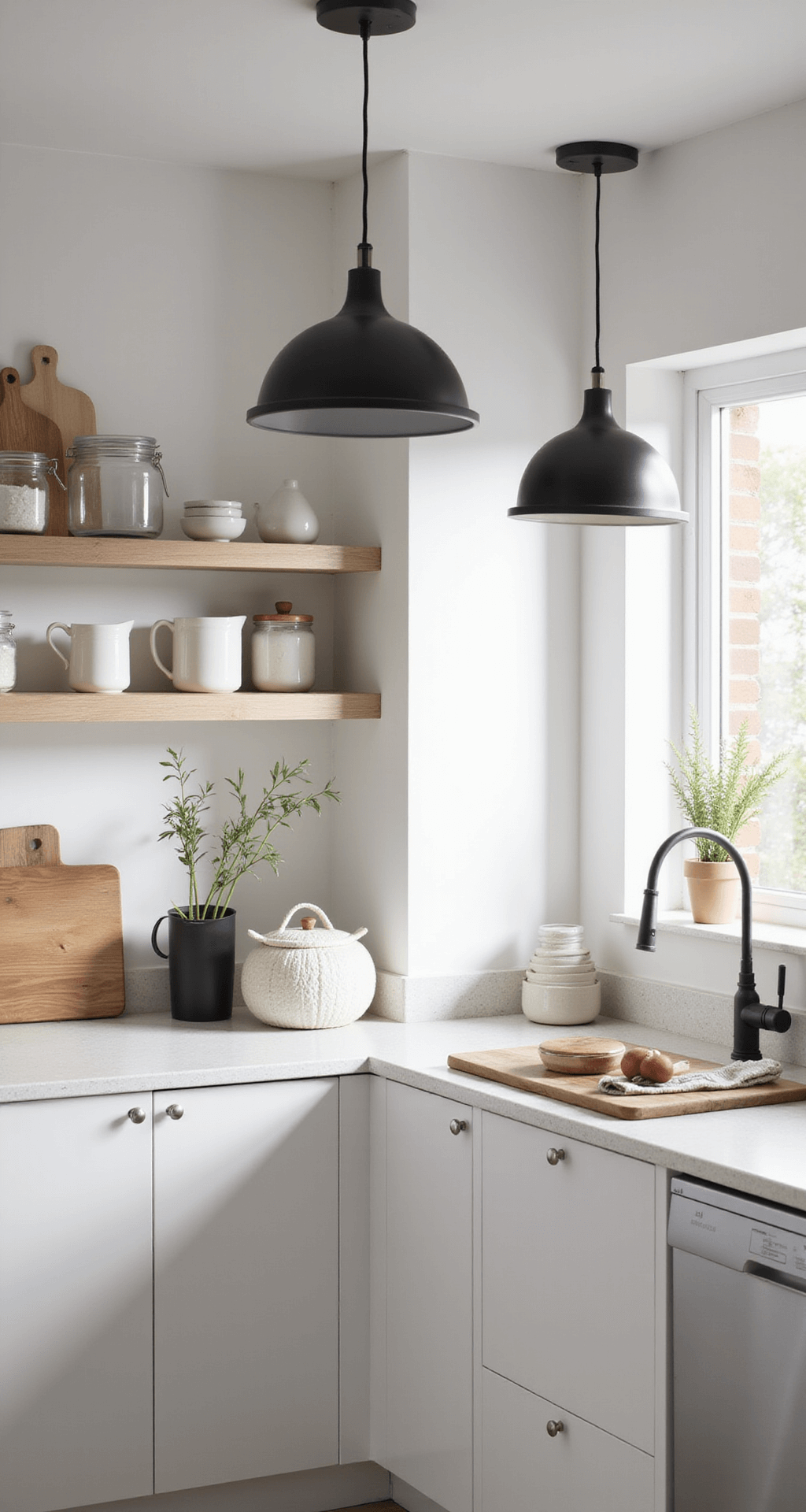 A compact Scandinavian-style kitchen with flat-front white cabinets, pale ash wood shelves displaying minimalist pottery, and black matte pendant lights, bathed in diffused afternoon light.