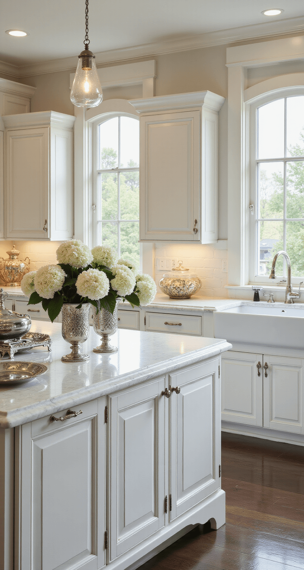 A spacious kitchen bathed in late morning light, featuring raised-panel white cabinets with crown molding, a marble-topped island adorned with silver serving pieces and white hydrangeas in crystal vases, and polished nickel hardware against crisp cabinetry, all captured from an elevated angle to highlight the classic architecture and rich textures of damask linens and baroque-inspired accessories.