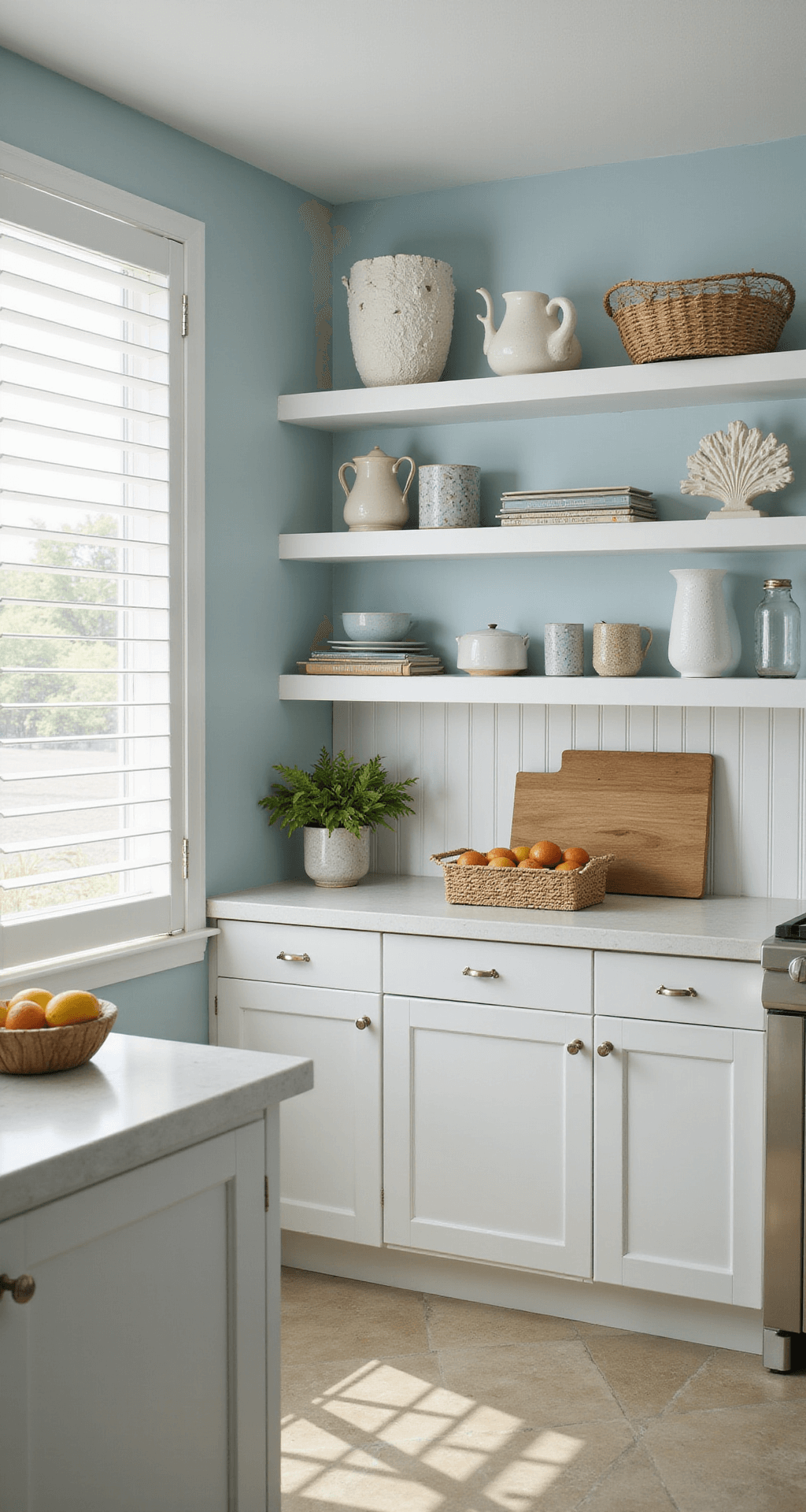 A coastal-themed kitchen with bright white beadboard cabinets, pale blue walls, and sandy beige limestone floors, featuring open shelving displaying coral and sea glass, under morning light filtered through plantation shutters.