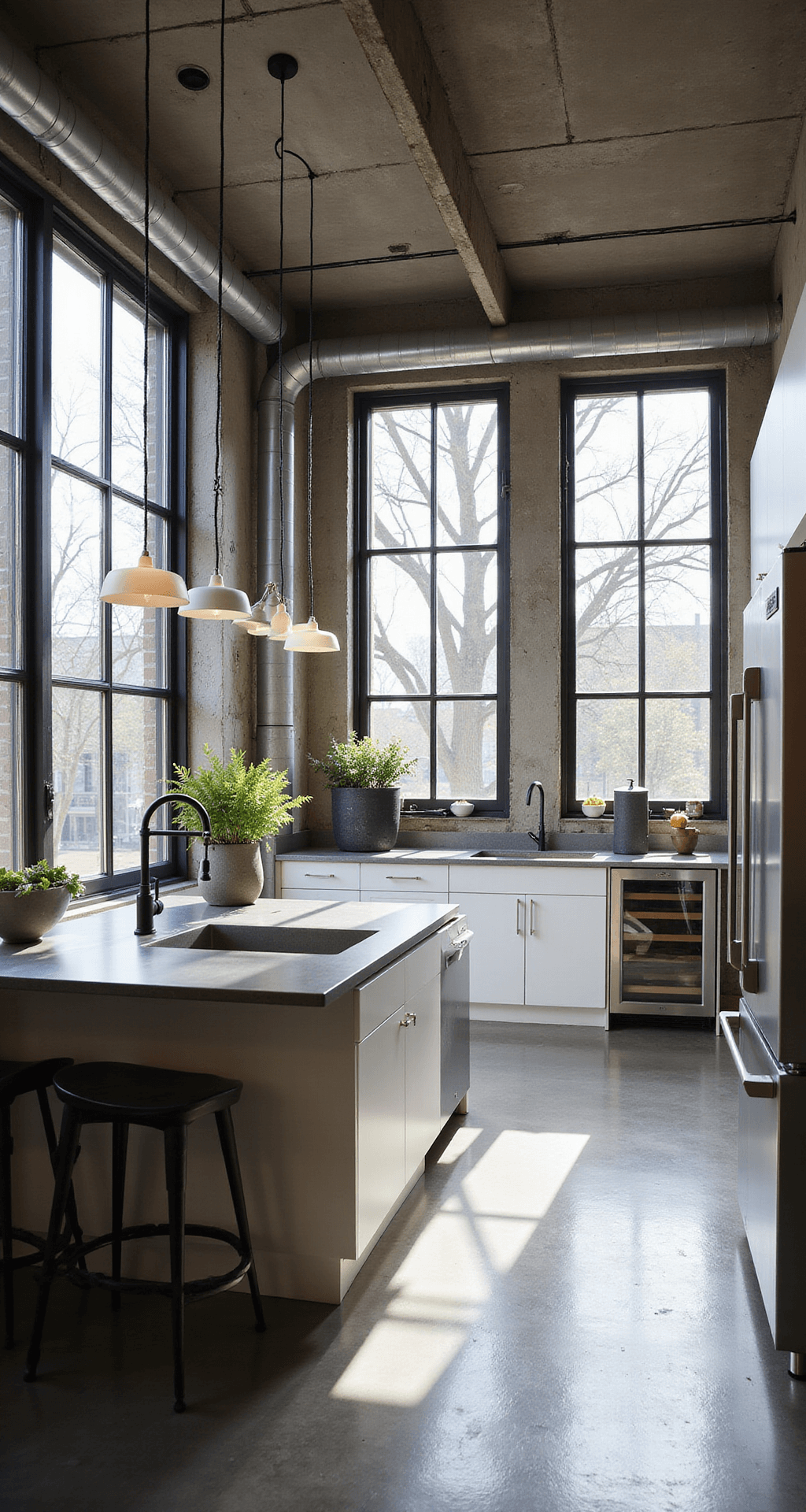 A modern industrial loft kitchen featuring sleek white cabinets, matte black hardware, and stainless steel appliances, illuminated by dramatic afternoon light through steel-framed windows, with exposed concrete ceilings, LED strip lighting, and raw material accents.