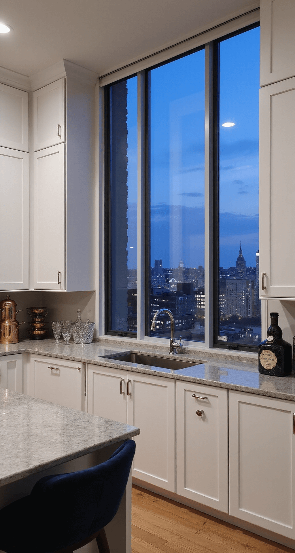 A contemporary luxe chef's kitchen featuring floor-to-ceiling windows that illuminate high-gloss white cabinets with channeled faces, quartzite counters displaying copper cookware and black marble accessories, velvet barstools, and polished chrome accents, all under soft indirect lighting.
