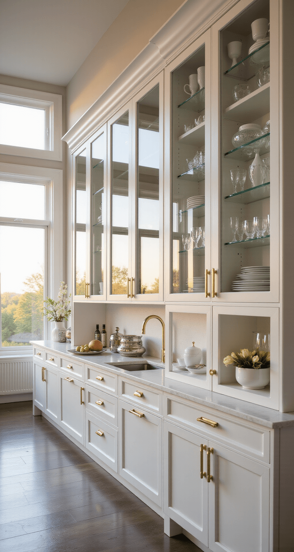 A modern kitchen featuring floor-to-ceiling glass-front cabinets filled with white ceramics and crystal glassware, illuminated by golden hour light, with white quartz countertops and brushed gold hardware, captured from a corner angle to highlight the room's height and depth.