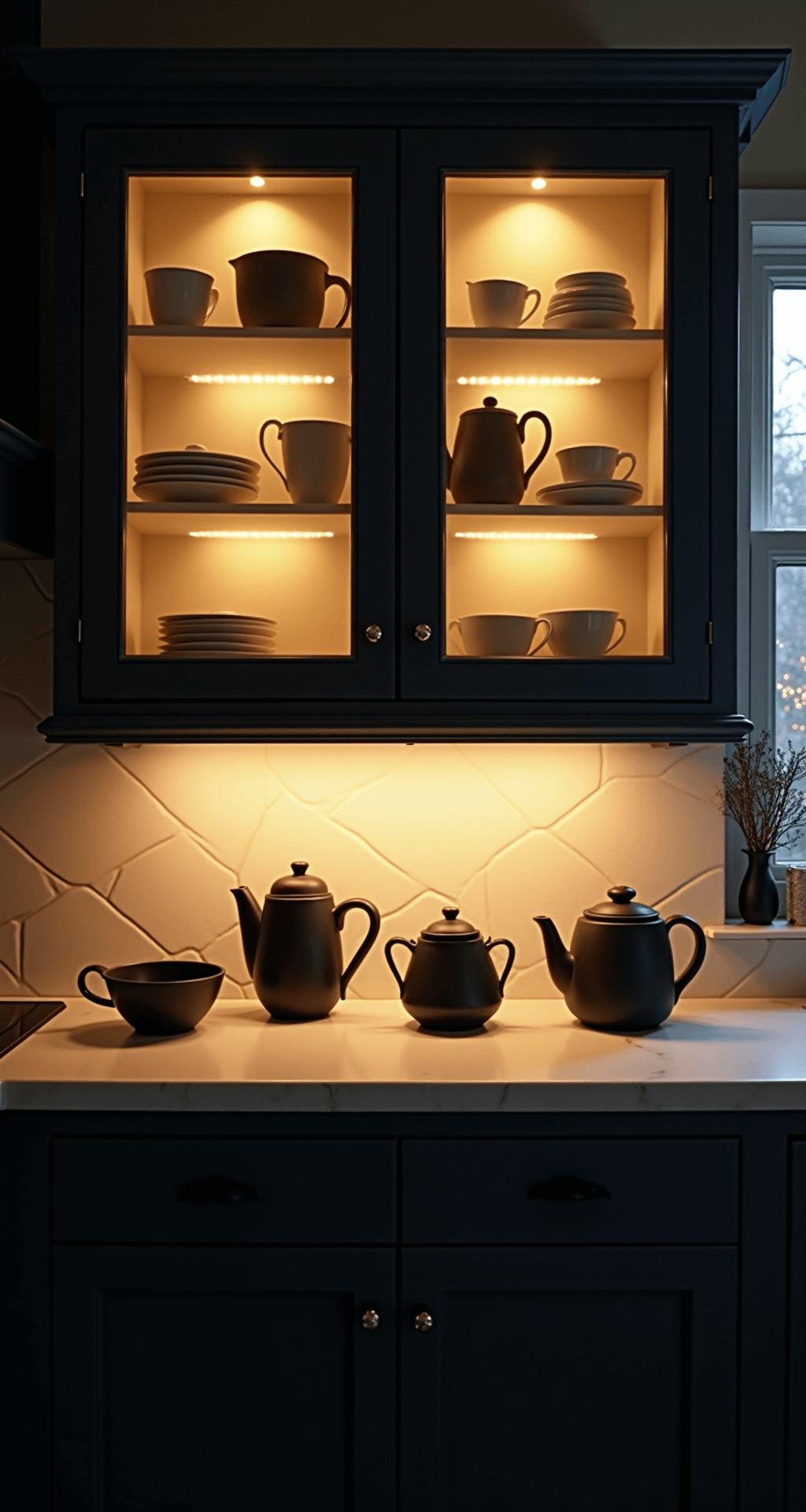 An intimate kitchen scene featuring frosted glass upper cabinets illuminated by warm LED strip lighting, highlighting organized matte black and cream pottery. Rich navy cabinet frames contrast with the soft glow, creating a moody atmosphere and dramatic shadows in a 10x12ft space.