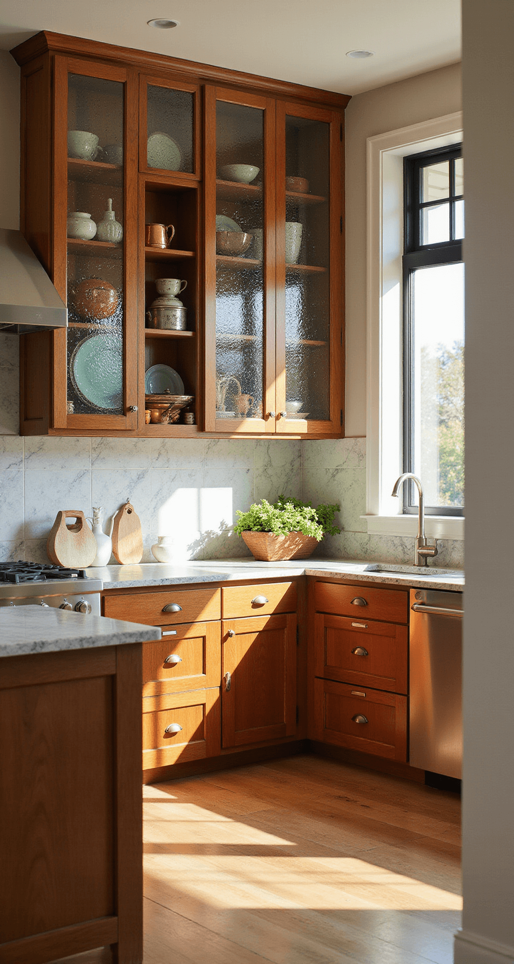 A sun-drenched transitional kitchen featuring a mix of textured glass upper cabinets and solid wood lower cabinets, with a peninsula and rippled glass panels casting light patterns on marble countertops. Copper cookware and vintage jadeite are displayed behind the glass, captured in a wide-angle shot that highlights the interplay of materials in natural morning light.