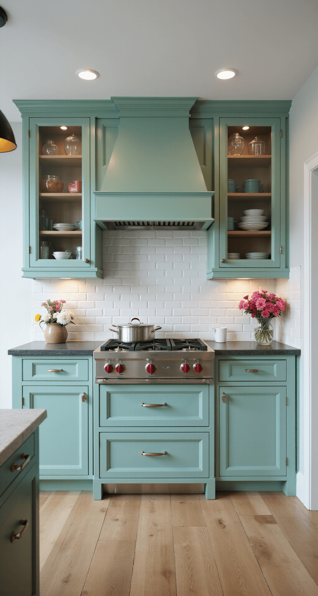 Contemporary chef's kitchen featuring mint green glass cabinet panels in metallic frames, double-height ceilings, pendant lighting, and white oak flooring, showcasing organized cookware through tinted glass.