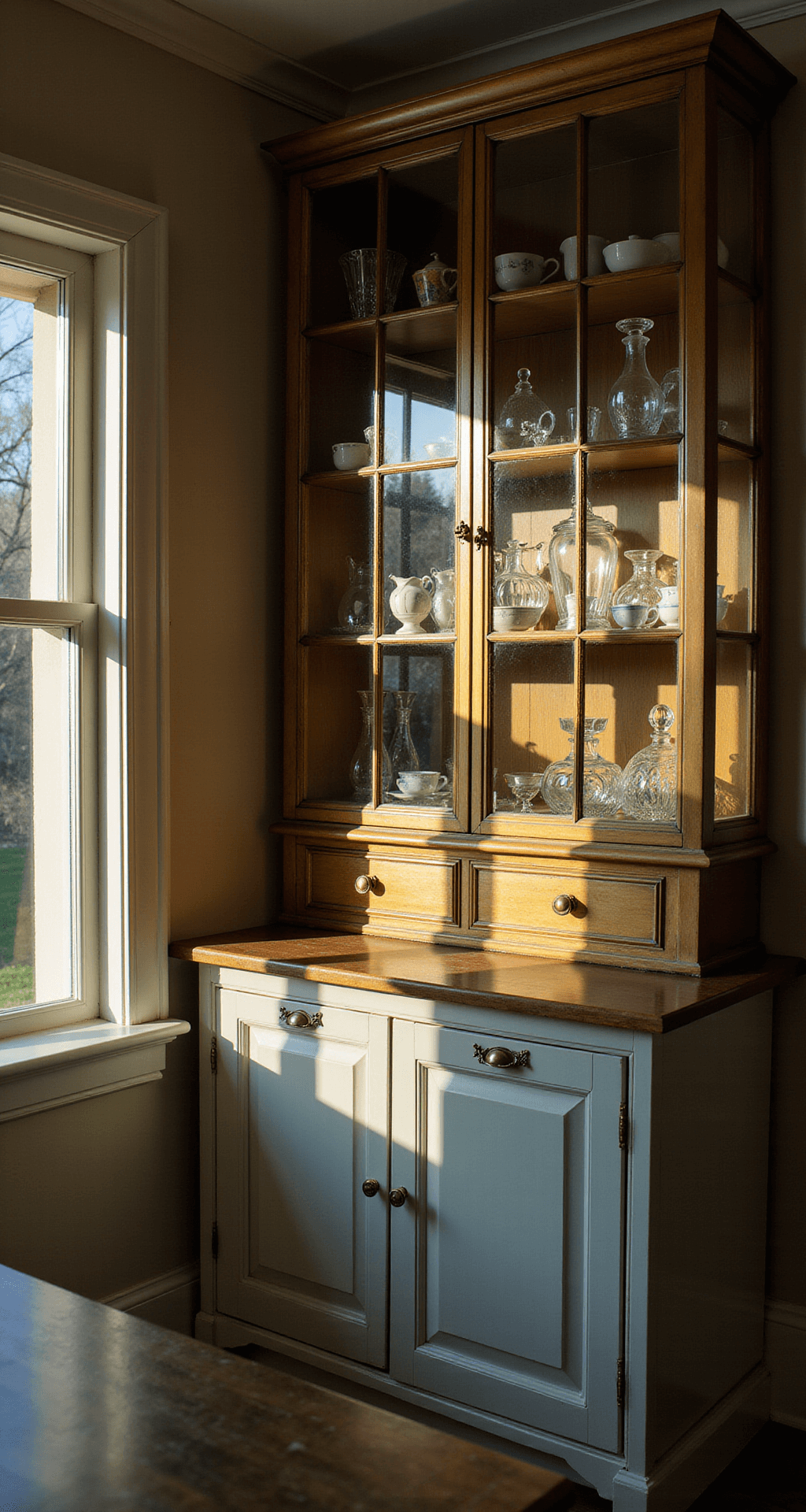 Cozy kitchen corner with antique brass-framed mullioned glass cabinet doors, late afternoon light creating geometric shadows, displaying vintage teacups and crystal decanters, captured with shallow depth of field.