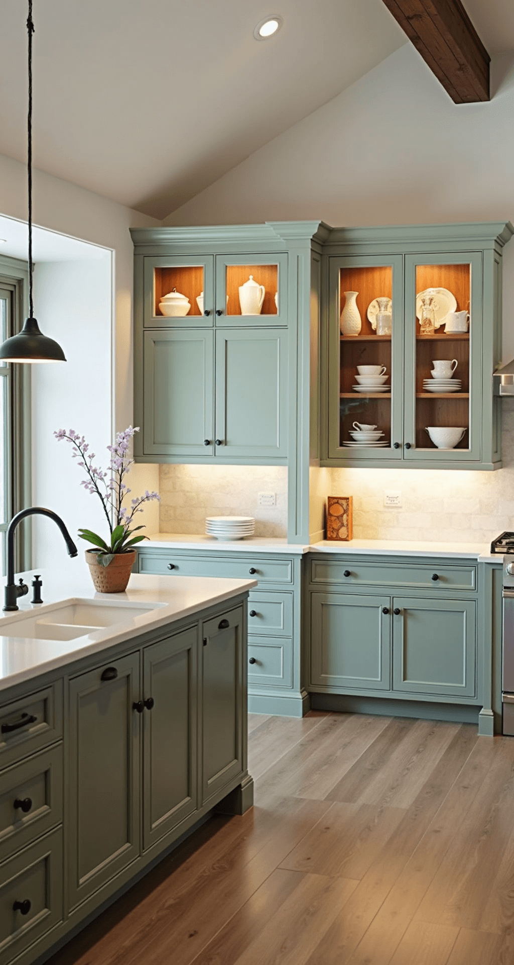A modern farmhouse kitchen measuring 15x18 feet with a vaulted ceiling, featuring mixed media cabinets with clear glass upper and sage green lower cabinets. The scene is viewed from the dining area, showcasing illuminated glass displays of white ironstone and copper accents, under soft overhead lighting.