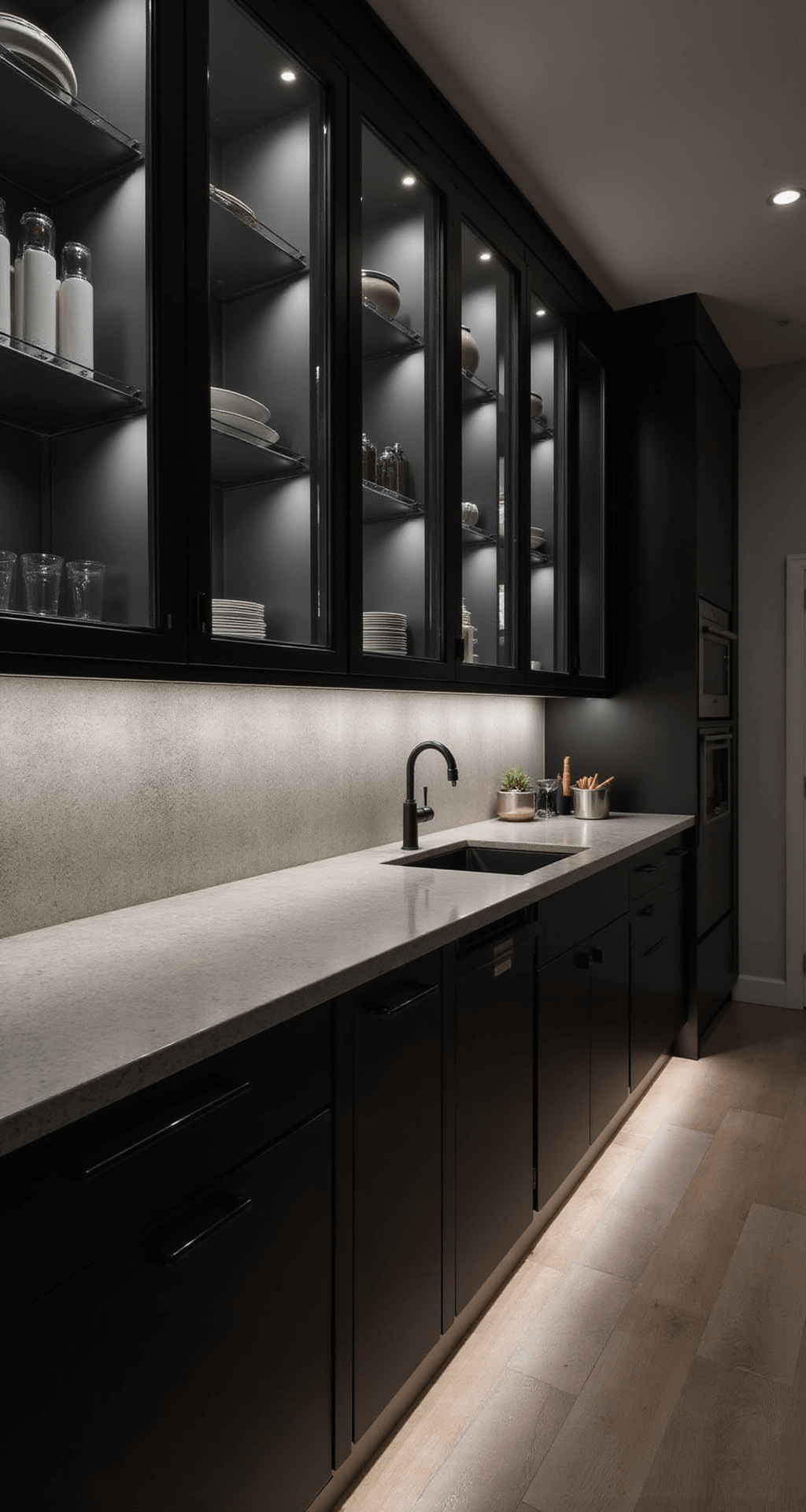 Minimalist 8x14ft galley kitchen featuring a full-height glass cabinet wall with matte black frames, showcasing a monochromatic dishware collection, illuminated by under-cabinet lighting for a dramatic ambiance, captured in a moody linear composition.