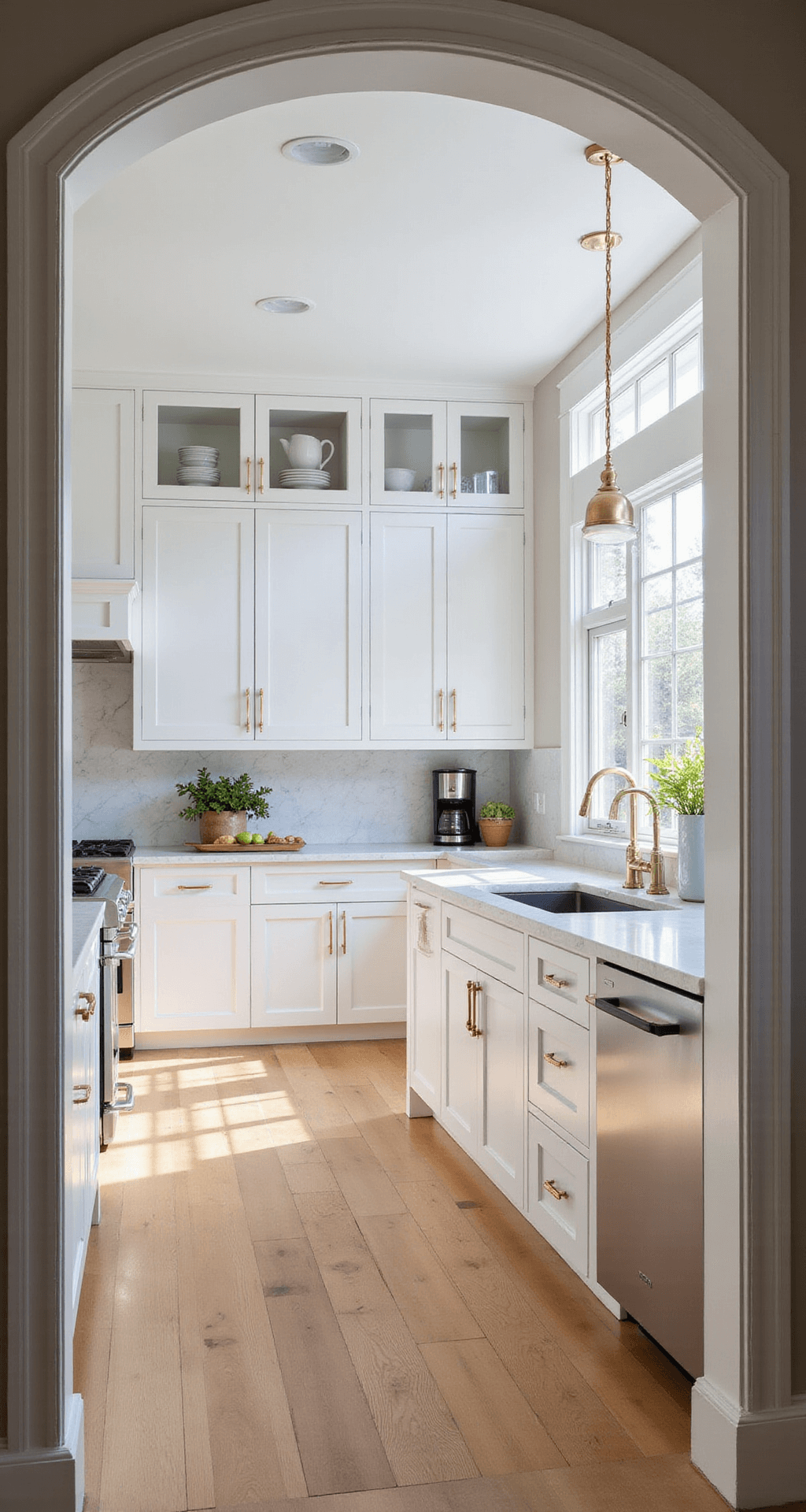A contemporary kitchen featuring classic white shaker cabinets and marble-look quartz countertops, illuminated by morning light through large east-facing windows, with a massive center island, brass hardware, and a curated coffee station.