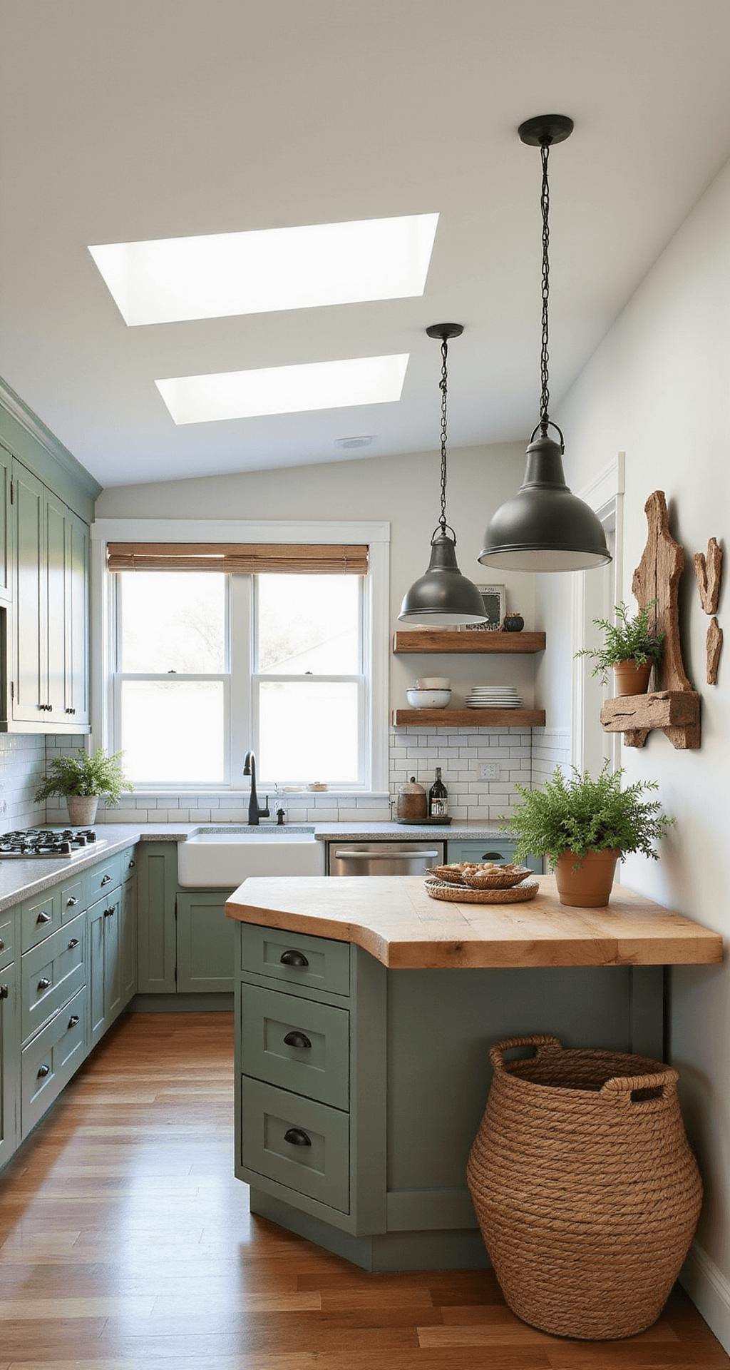 Intimate modern farmhouse kitchen with sage green cabinets, butcher block island, vintage pendants, and white subway tile backsplash, illuminated by soft mid-morning light. Elevated view shows cabinet crown molding and natural elements like woven baskets and potted herbs.