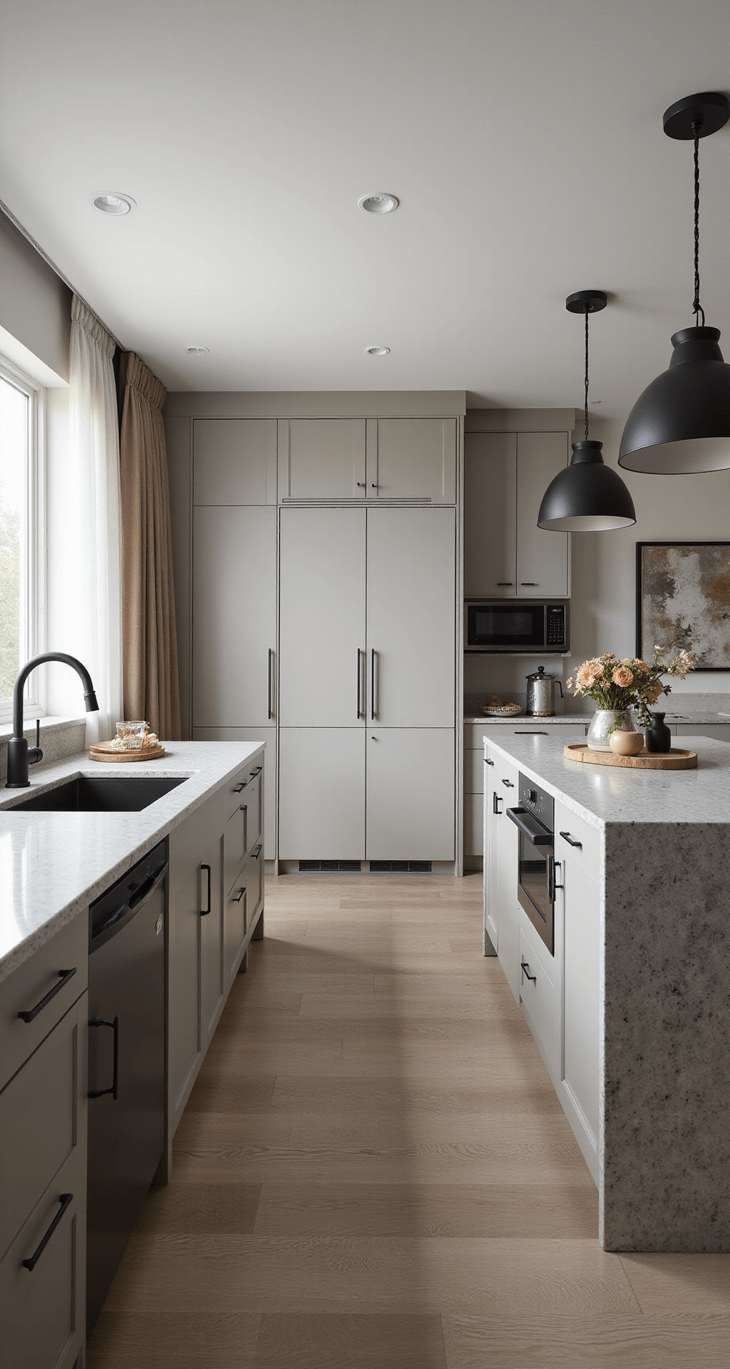 A sophisticated kitchen featuring greige cabinets and a full-height pantry wall, illuminated by afternoon light through sheer curtains, with a dramatic gray-veined quartz island and matte black hardware, styled with modern art and earth-toned geometric accessories.